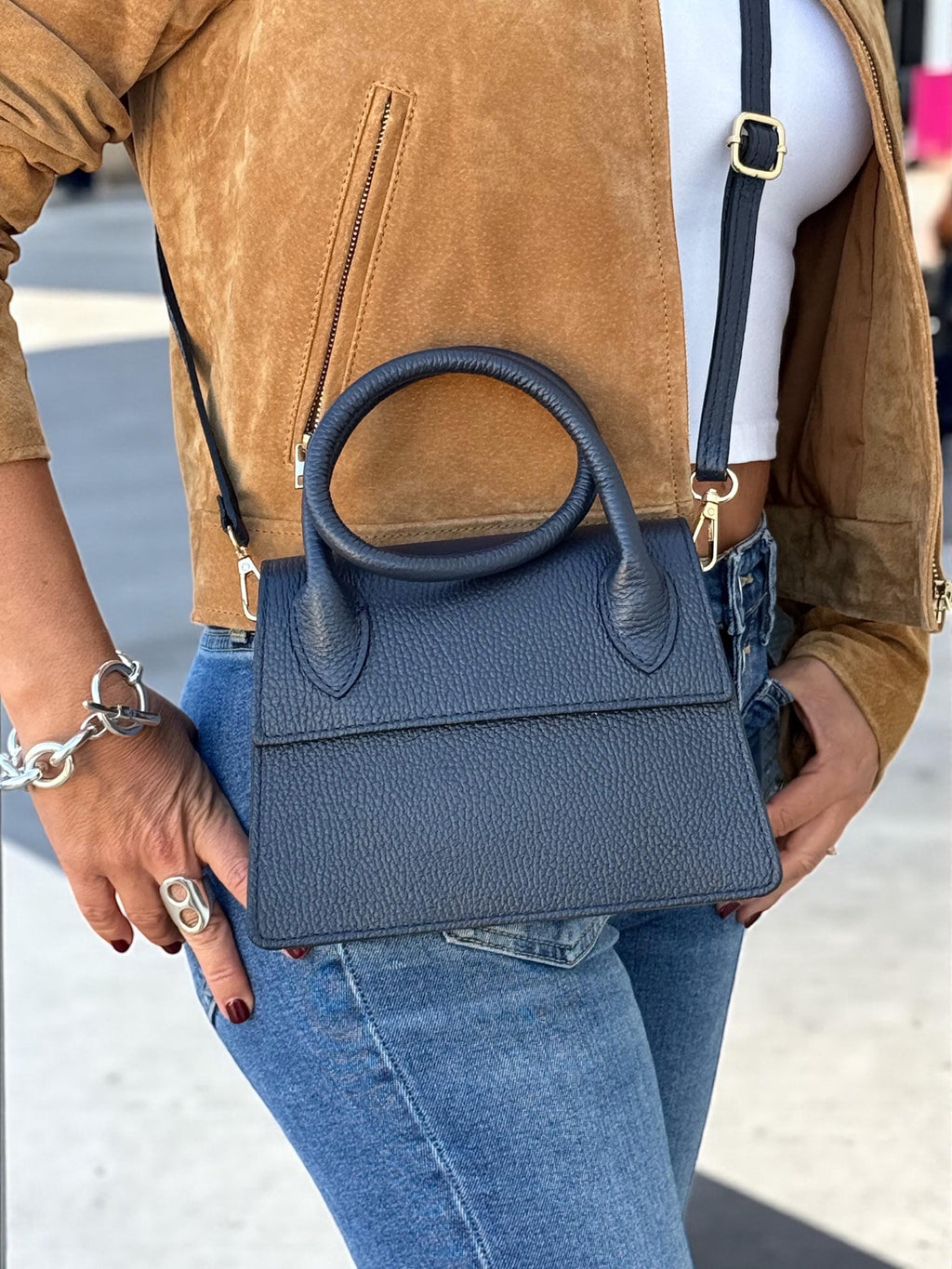 Pebbel leather Dark Navy Structured Handbag