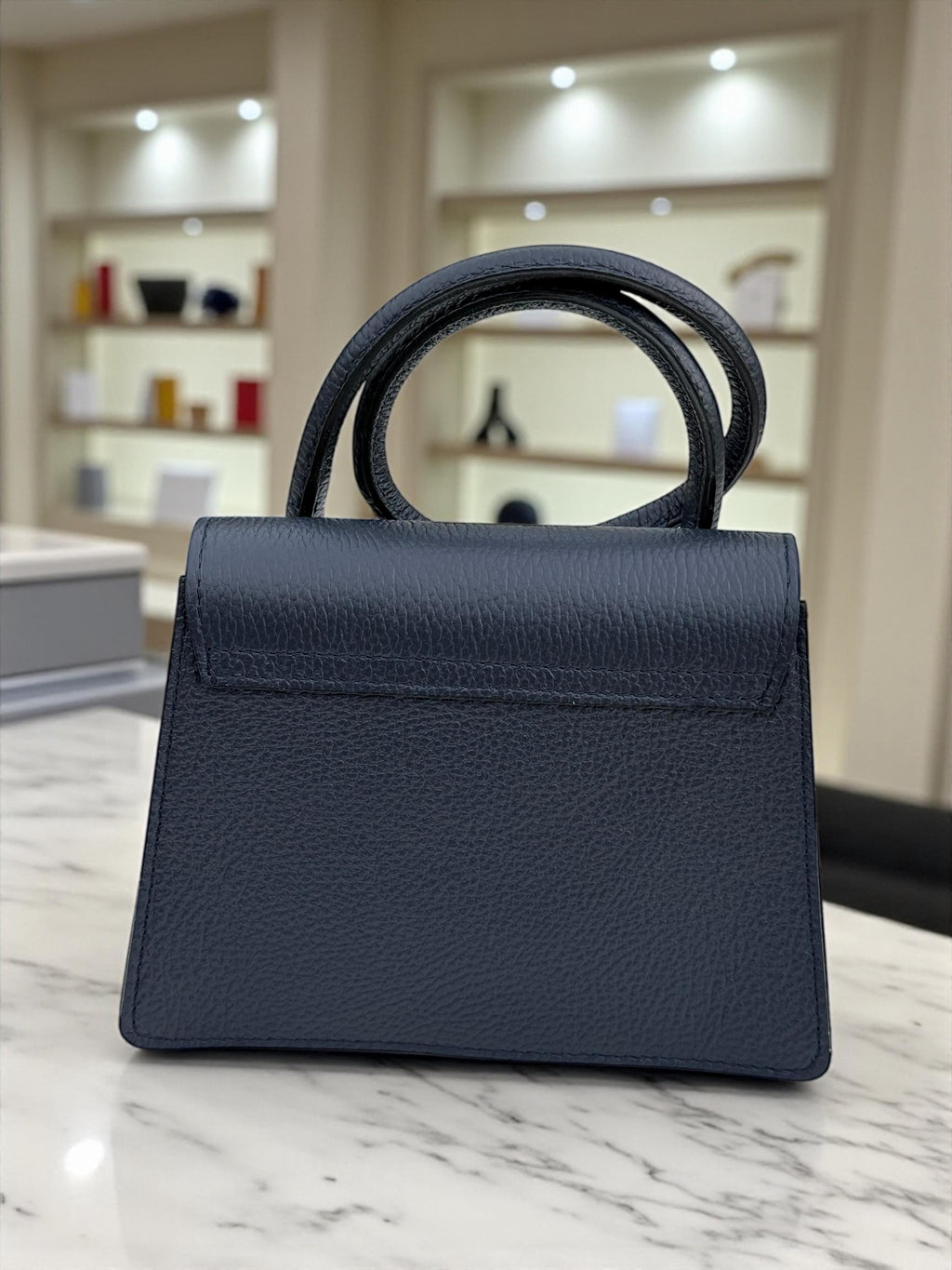 Pebbel leather Dark Navy Structured Handbag