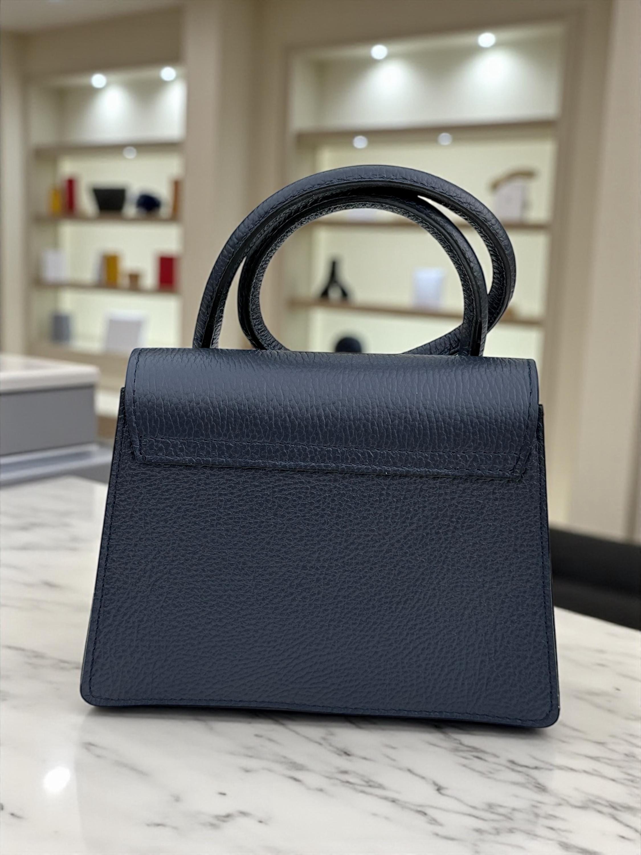 Pebbel leather Dark Navy Structured Handbag