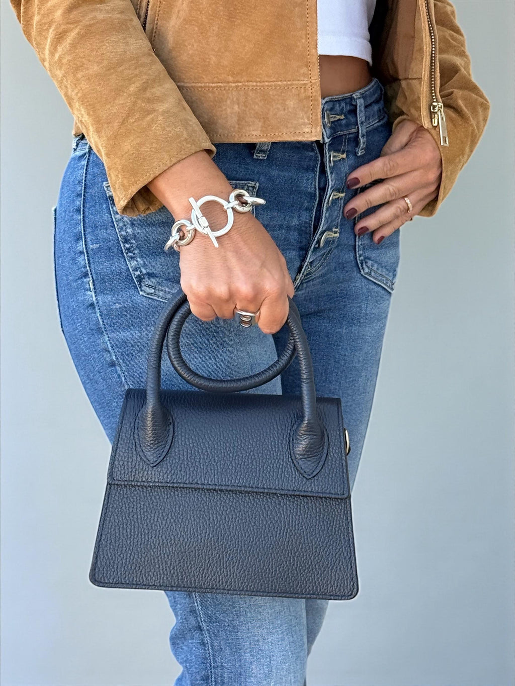 Pebbel leather Dark Navy Structured Handbag