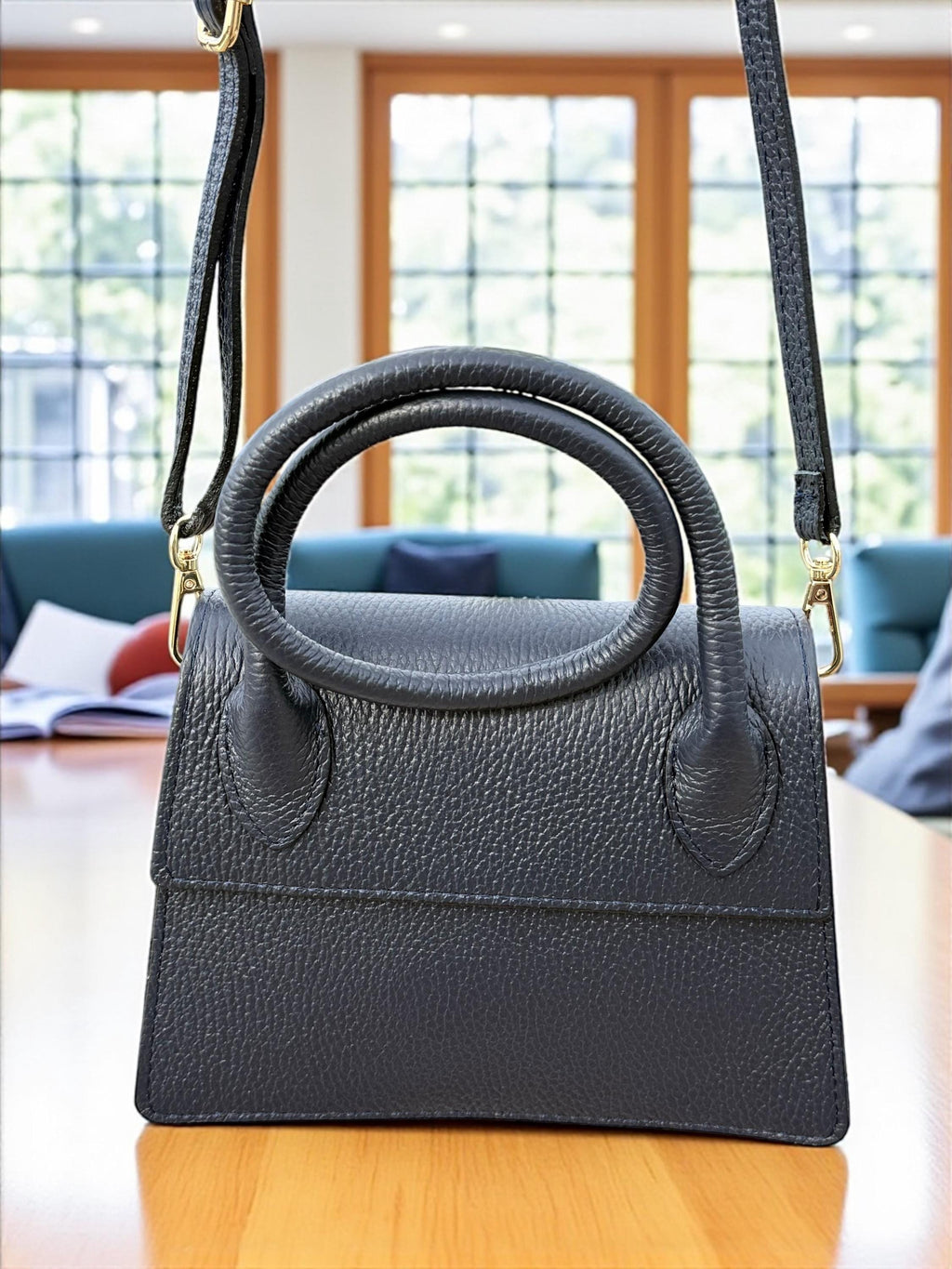 Pebbel leather Dark Navy Structured Handbag