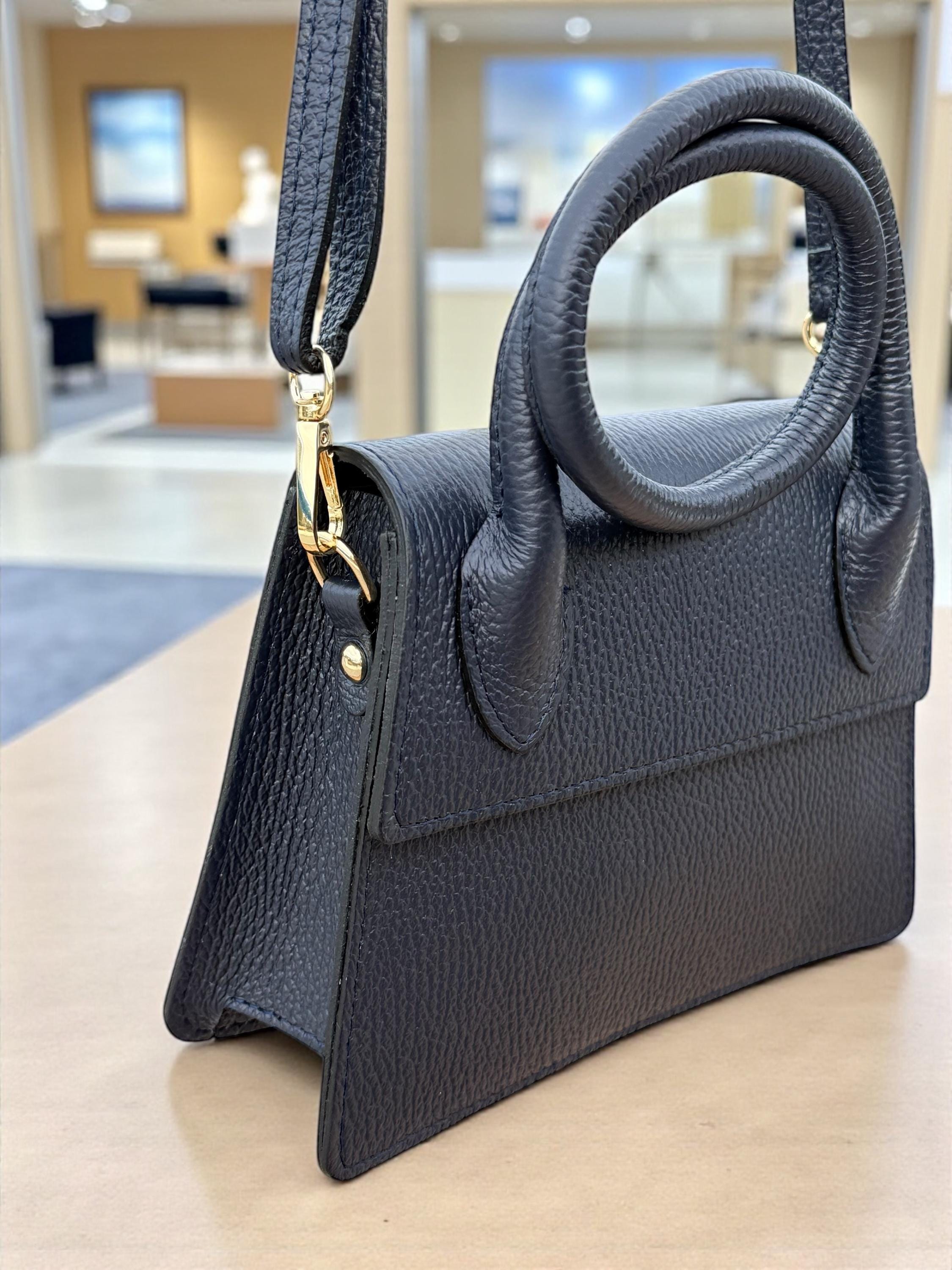 Pebbel leather Dark Navy Structured Handbag