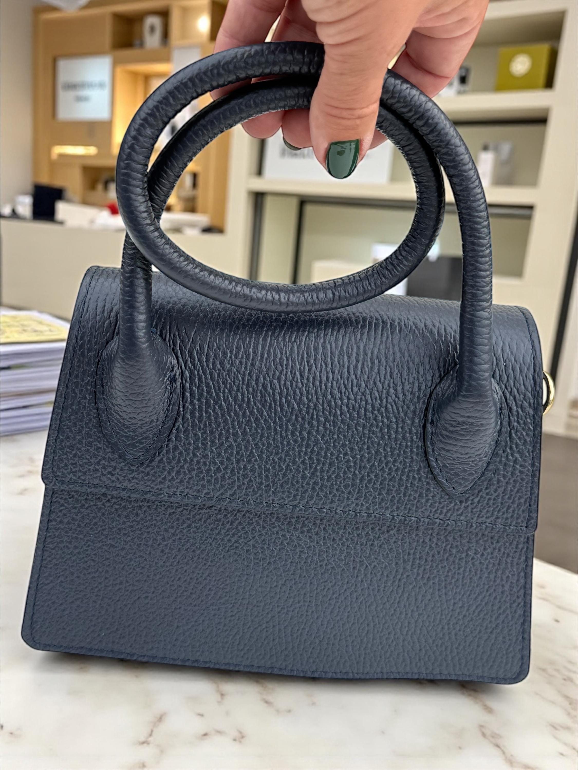 Pebbel leather Dark Navy Structured Handbag