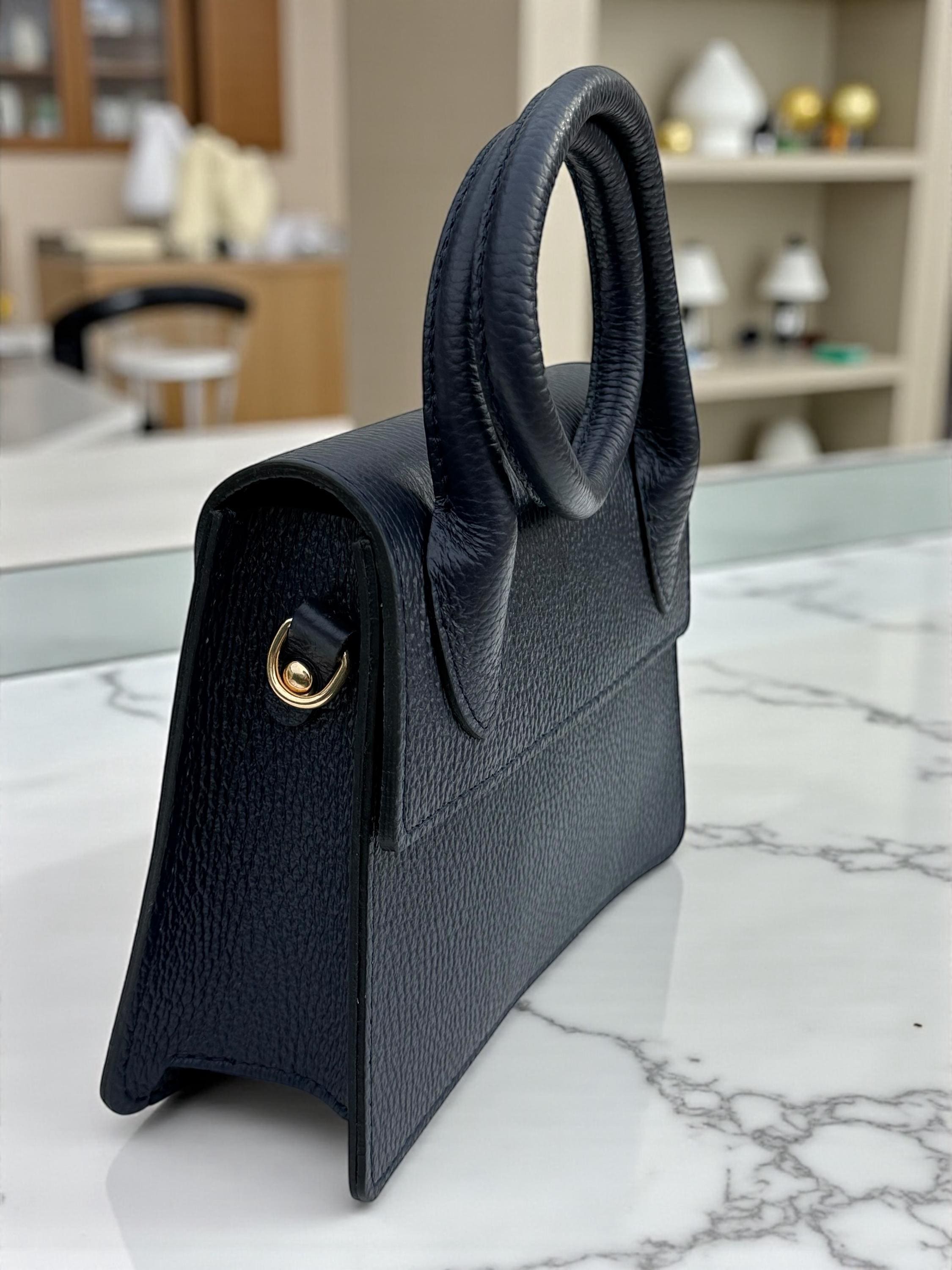 Pebbel leather Dark Navy Structured Handbag