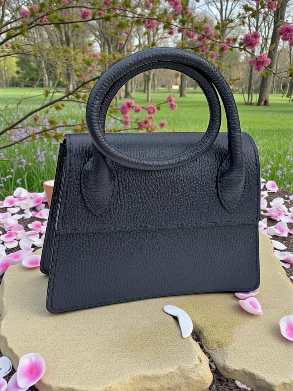 Pebbel leather Dark Navy Structured Handbag