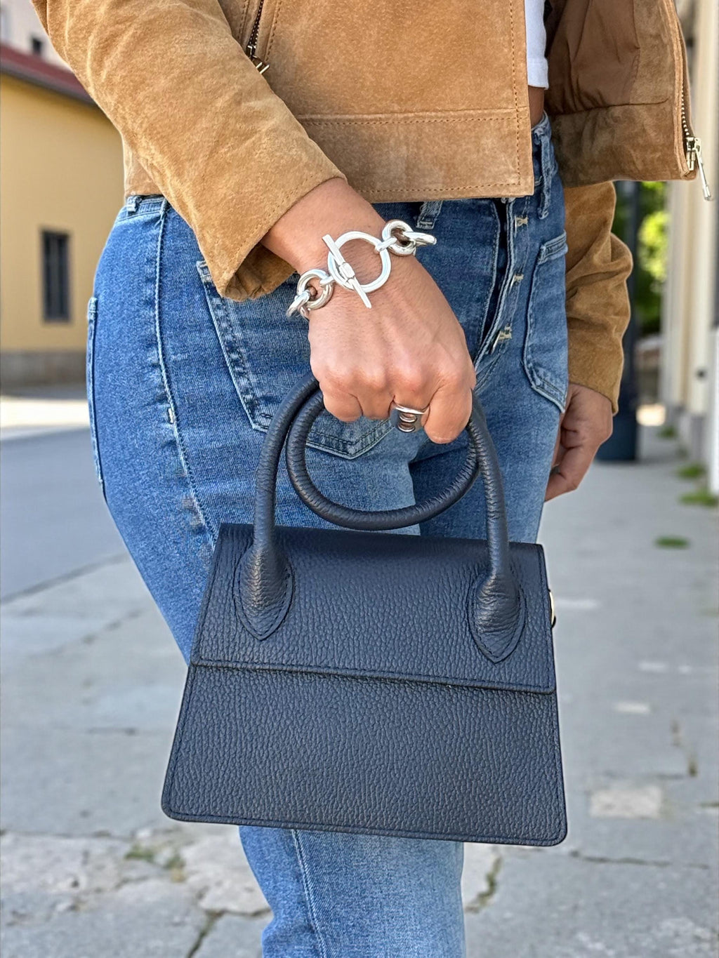 Pebbel leather Dark Navy Structured Handbag