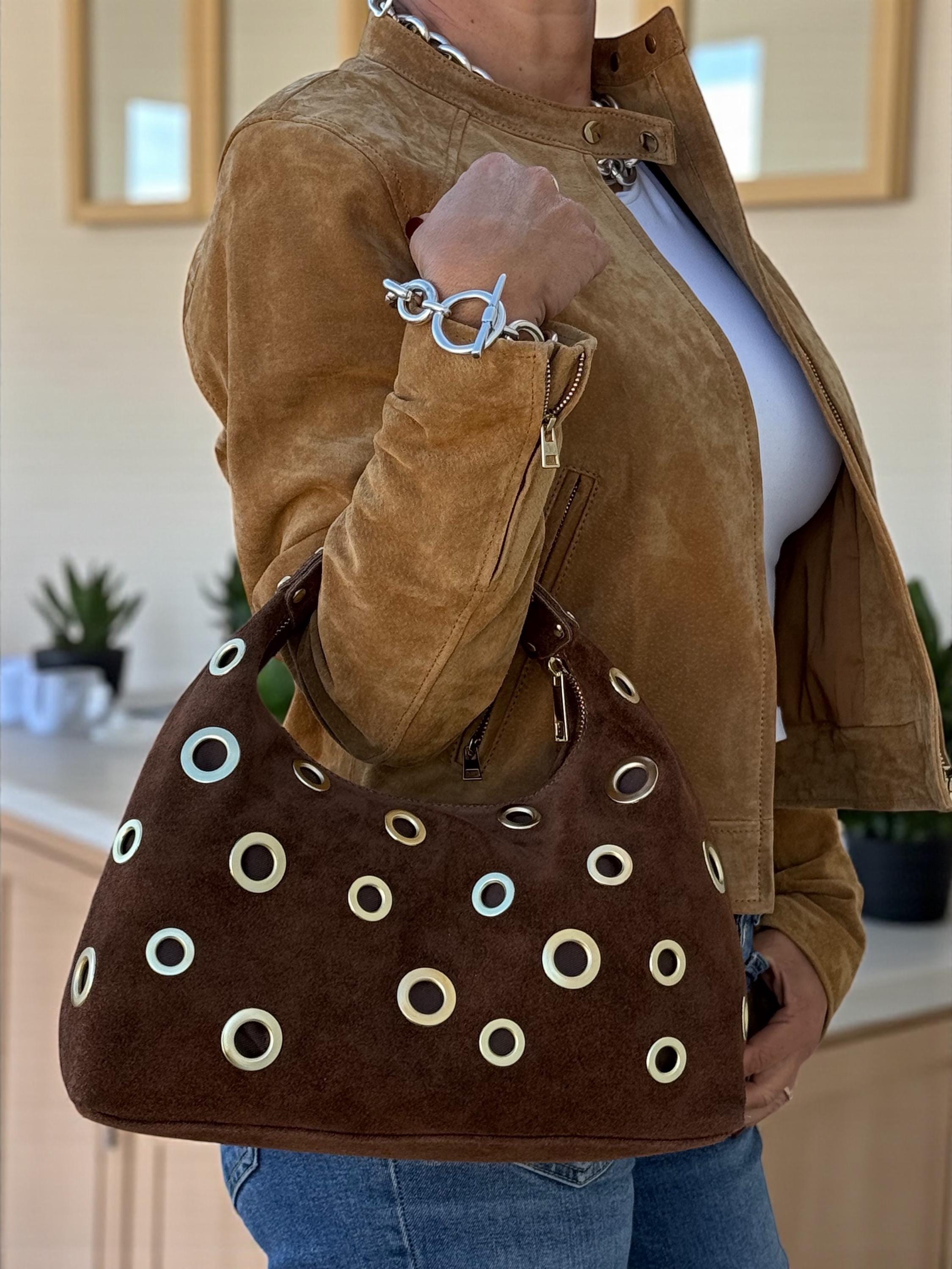 Suede brown Shoulder Bag with Gold Eyelets