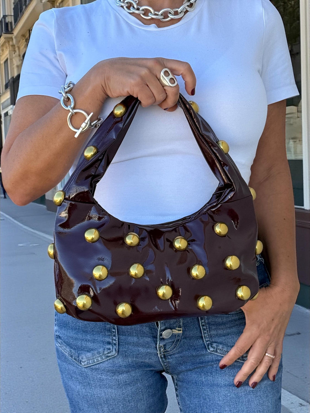 Glossy Burgundy soft Patent hobo with Antique Gold Studs
