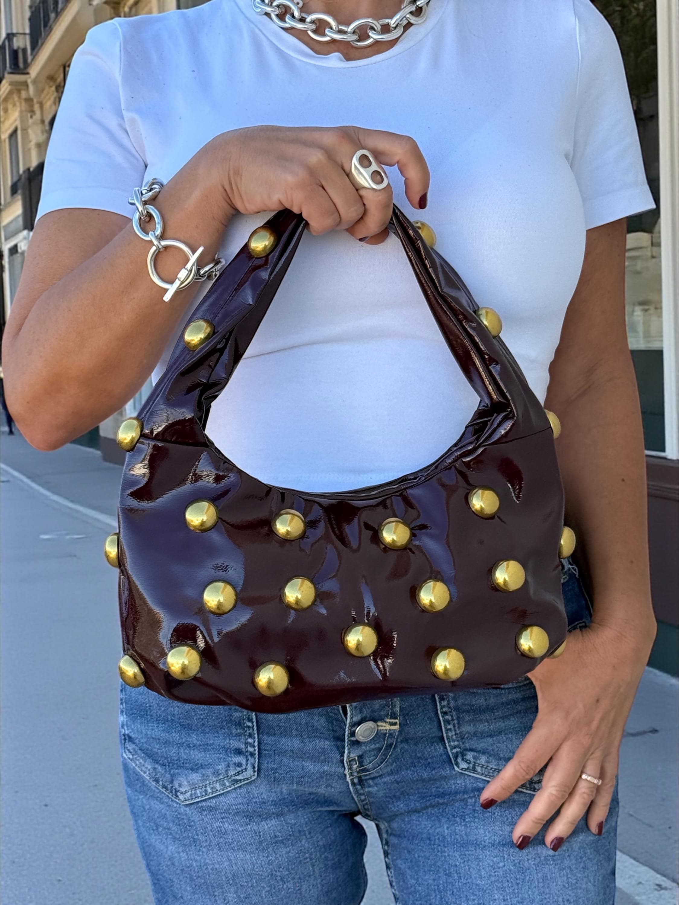 Glossy Burgundy soft Patent hobo with Antique Gold Studs