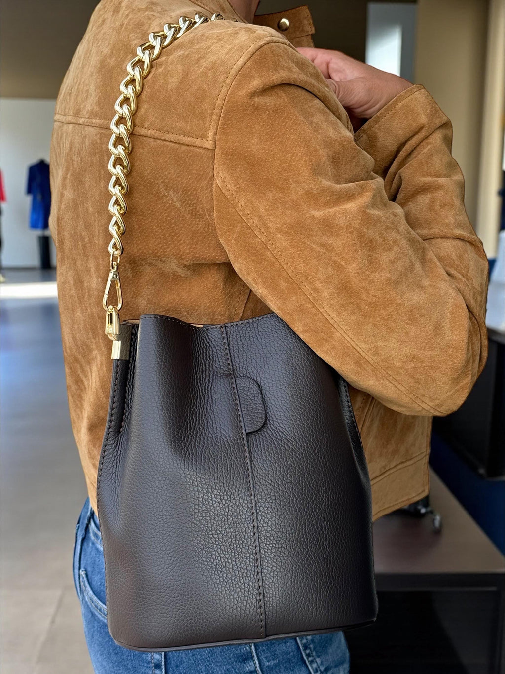 Genuine Leather chocolate dark brown Bucket Bag