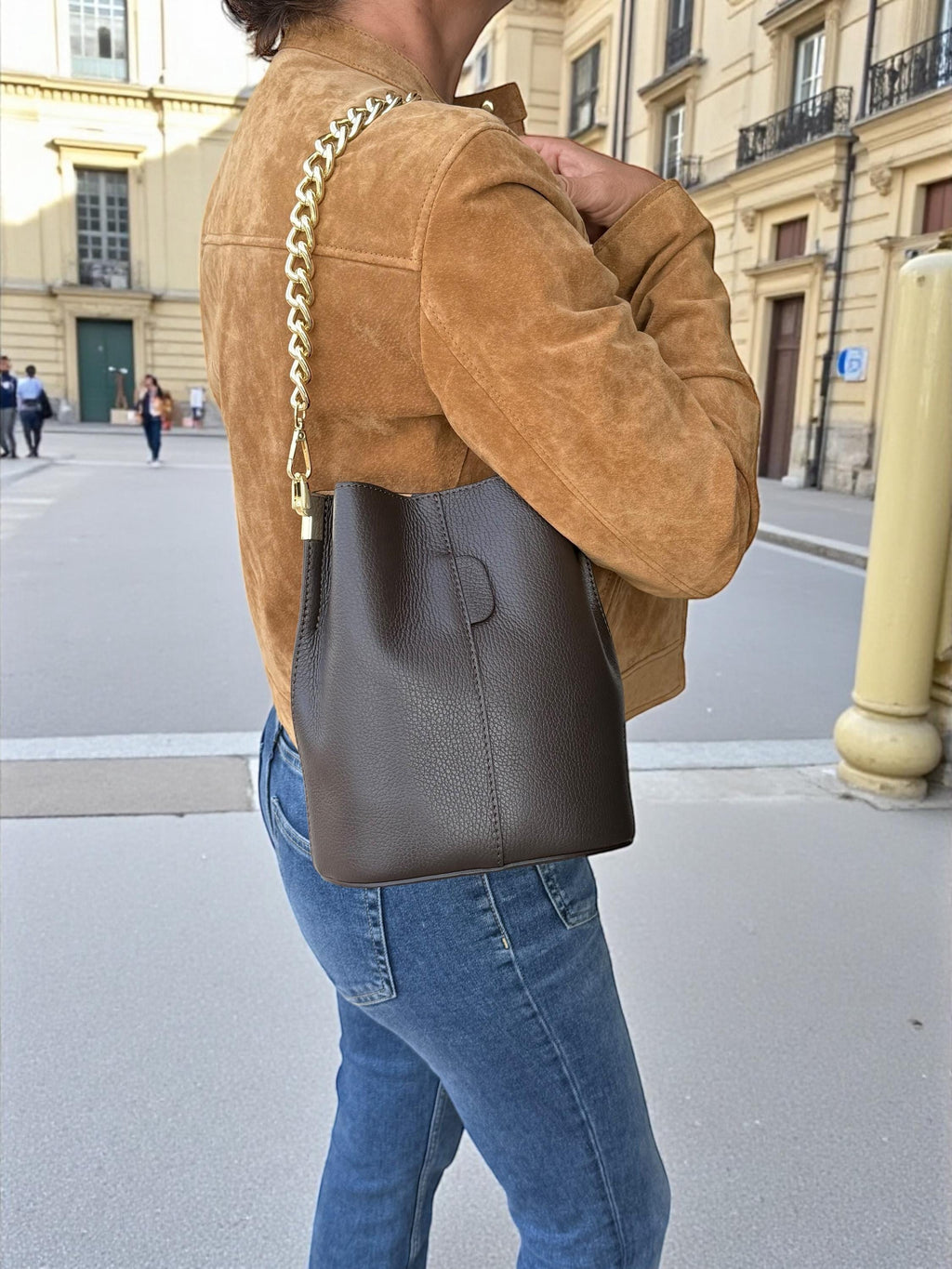 Genuine Leather chocolate dark brown Bucket Bag