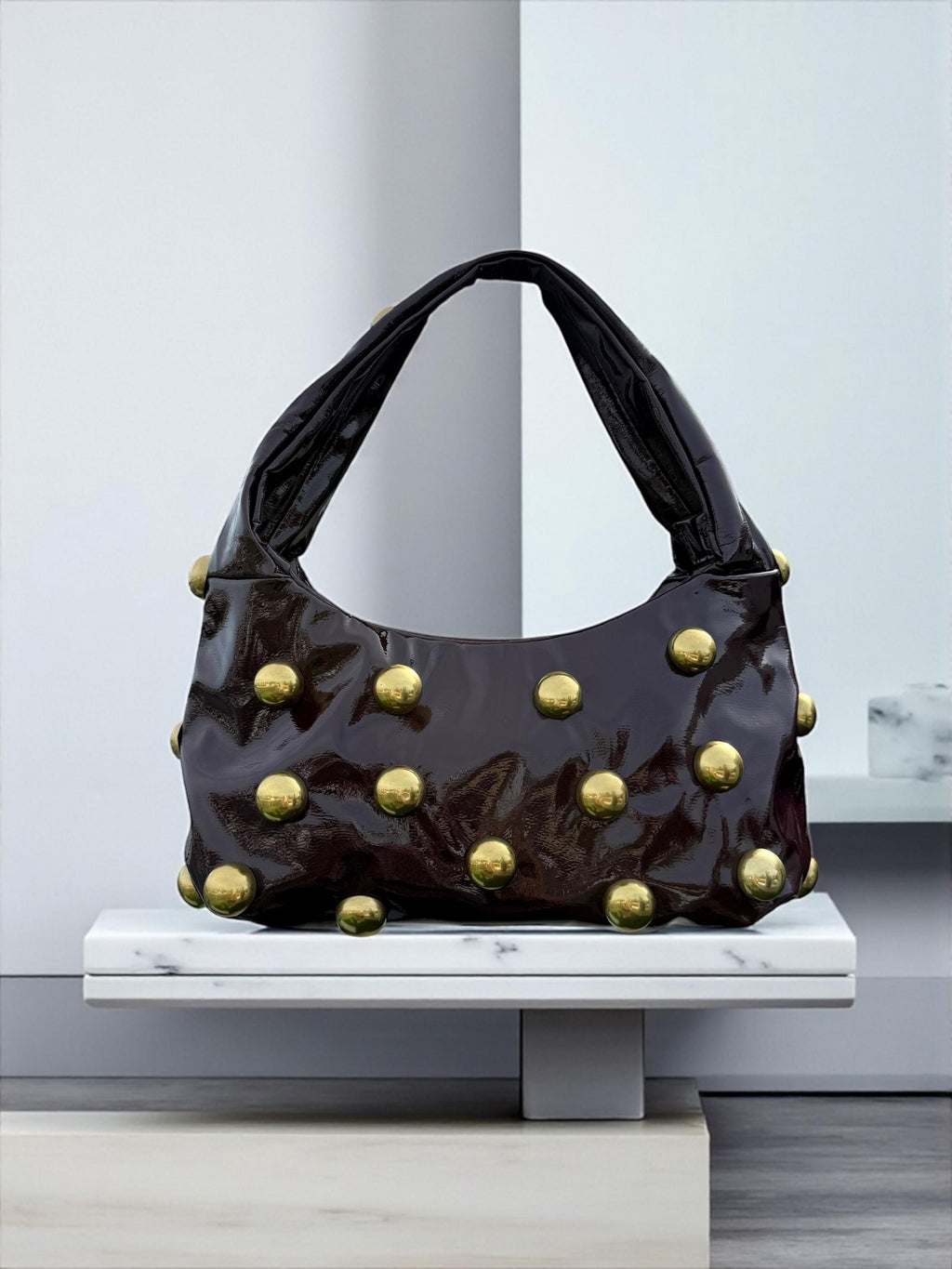 Glossy Burgundy soft Patent hobo with Antique Gold Studs