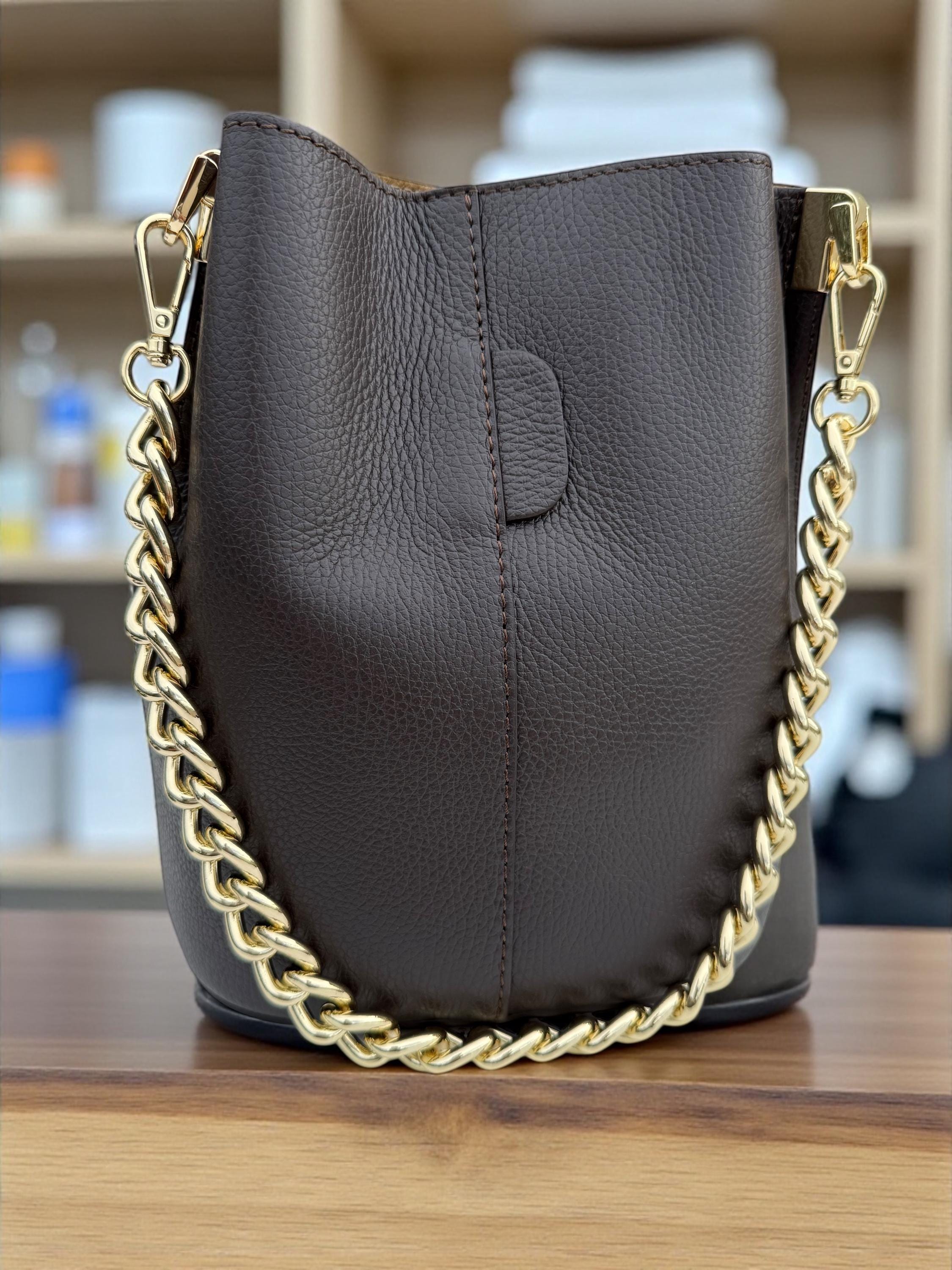 Genuine Leather chocolate dark brown Bucket Bag