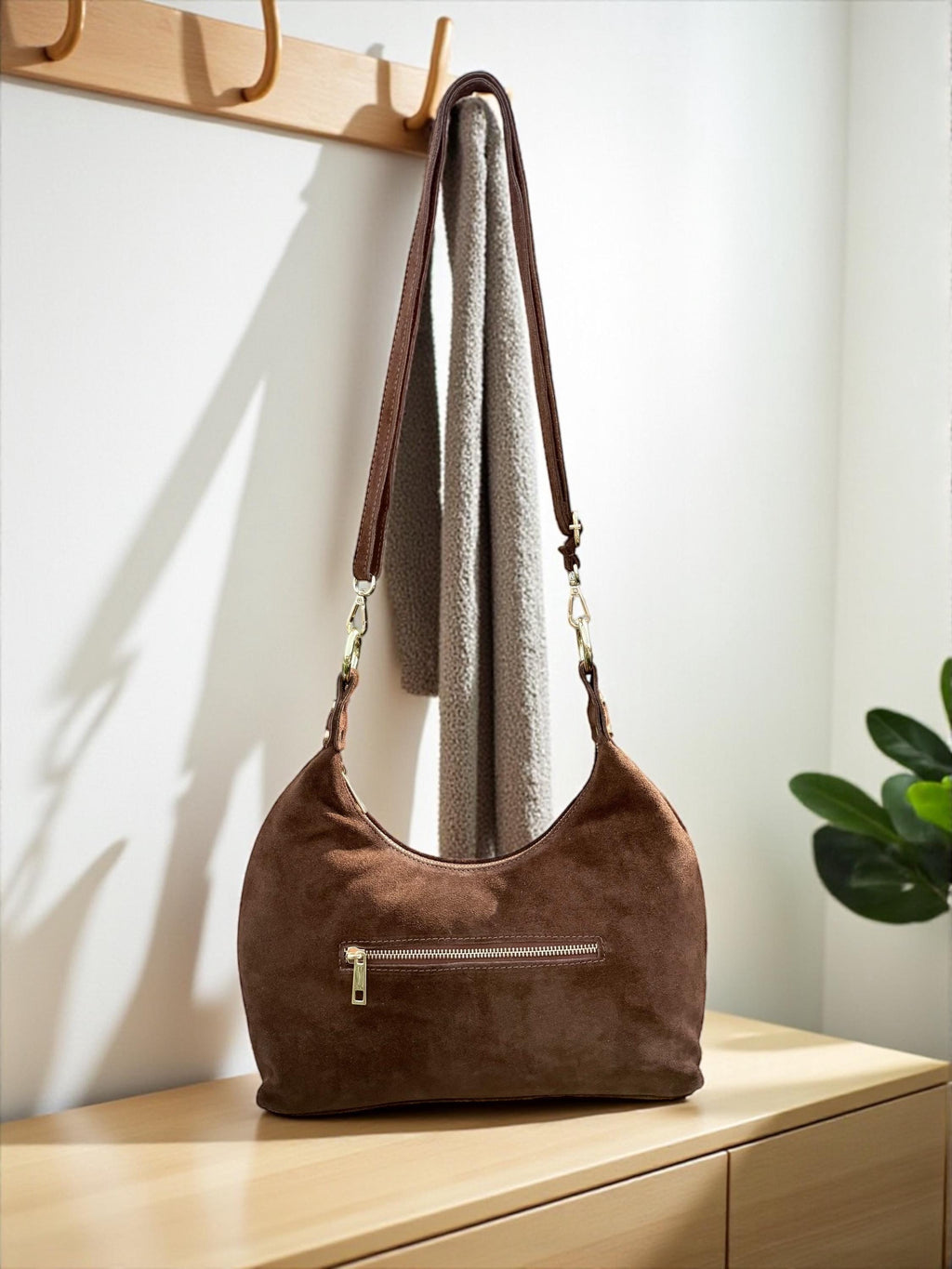 Suede brown Shoulder Bag with Gold Eyelets
