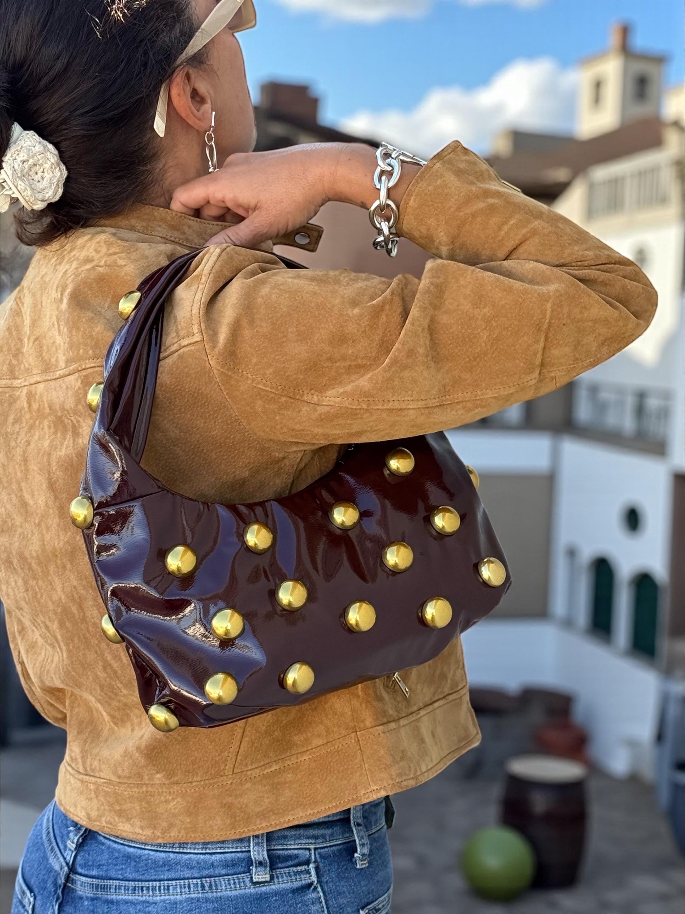 Glossy Burgundy soft Patent hobo with Antique Gold Studs