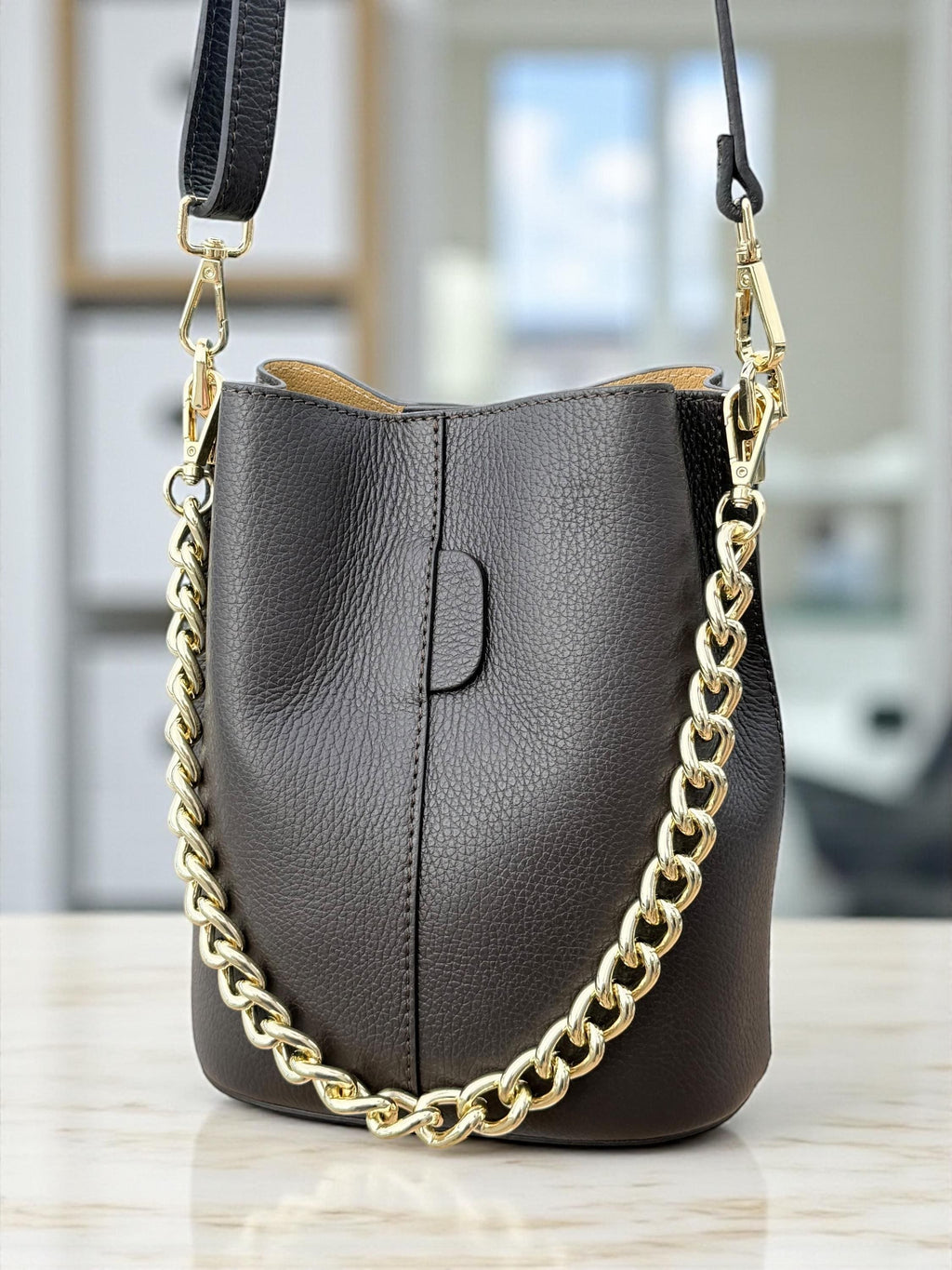 Genuine Leather chocolate dark brown Bucket Bag