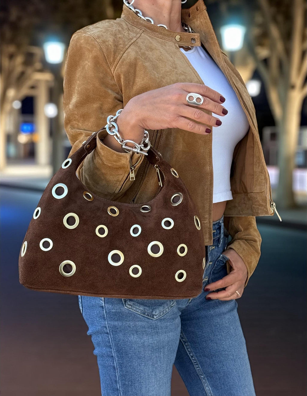 Suede brown Shoulder Bag with Gold Eyelets