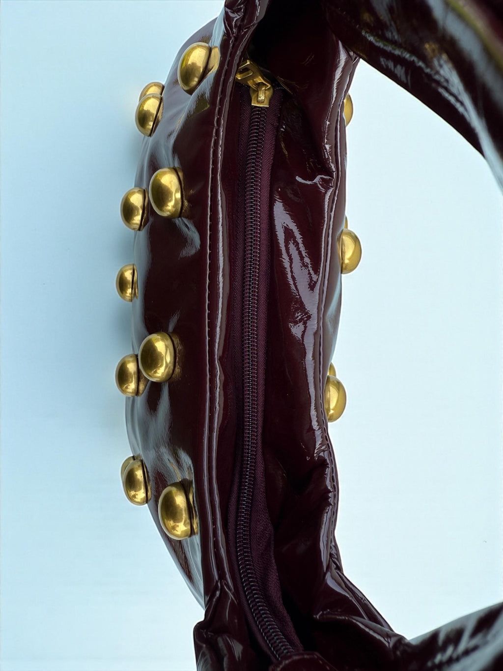 Glossy Burgundy soft Patent hobo with Antique Gold Studs