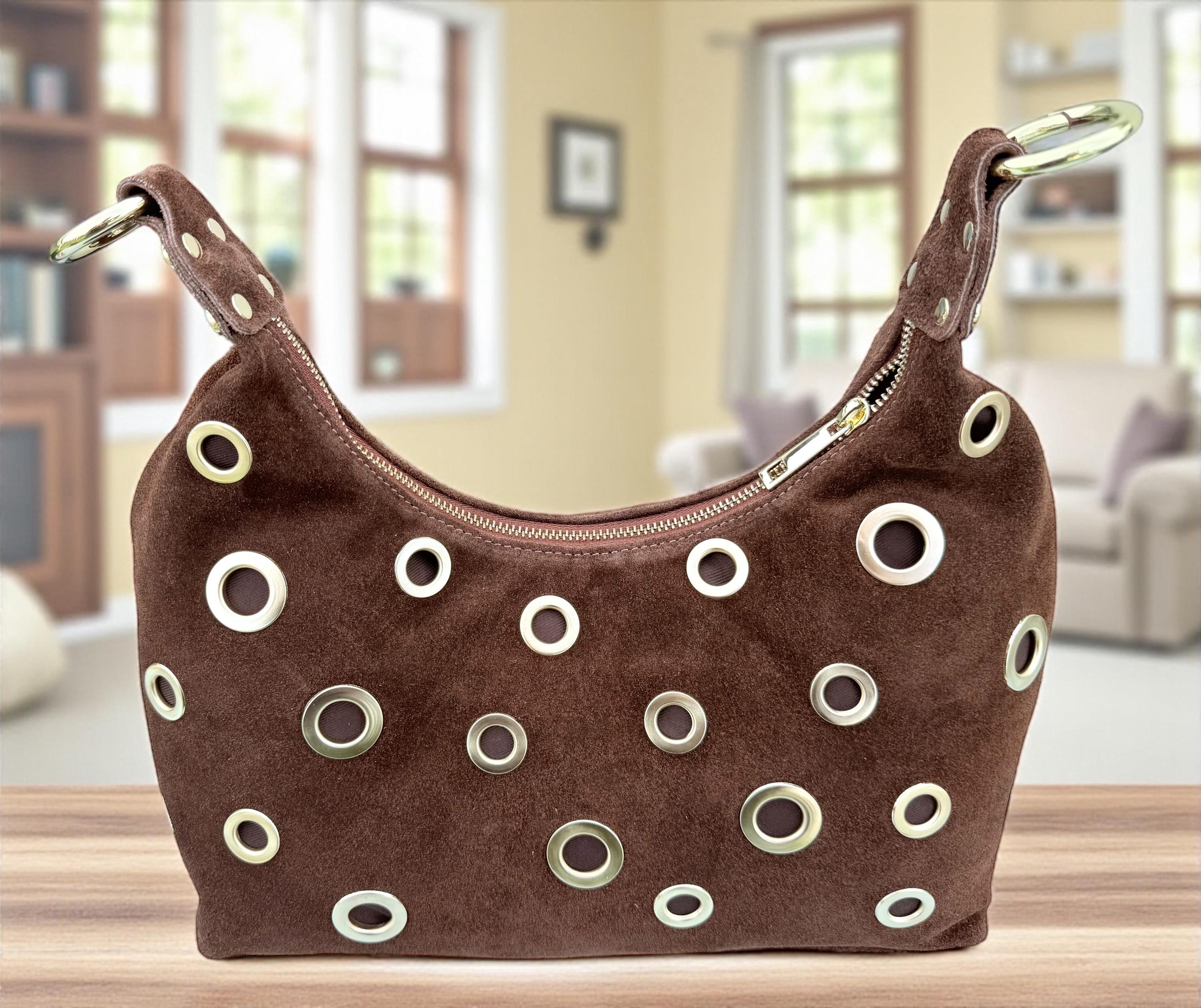 Suede brown Shoulder Bag with Gold Eyelets