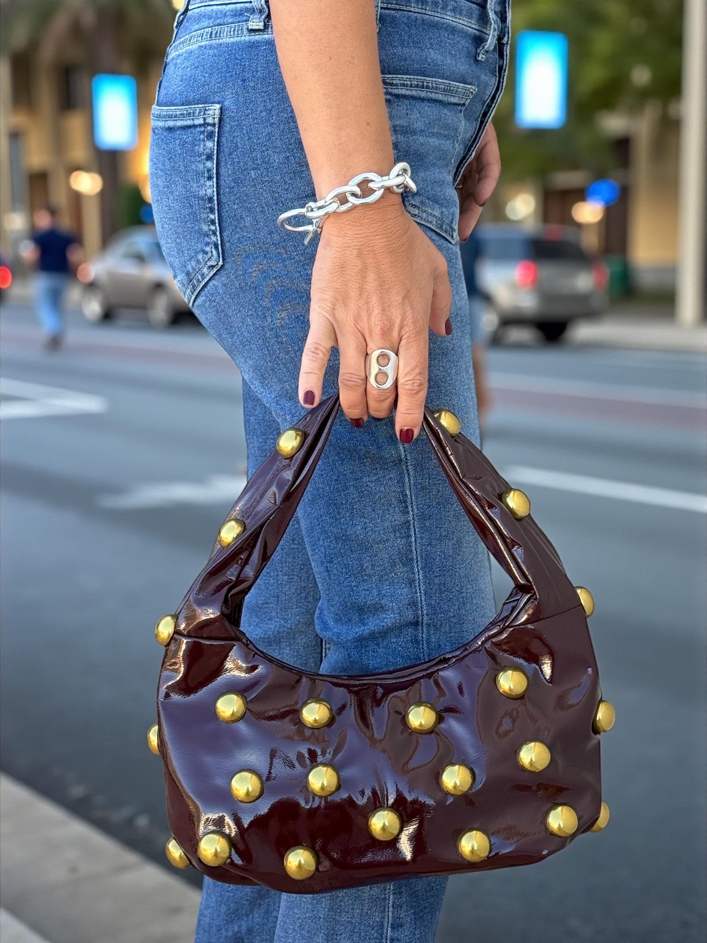 Glossy Burgundy soft Patent hobo with Antique Gold Studs