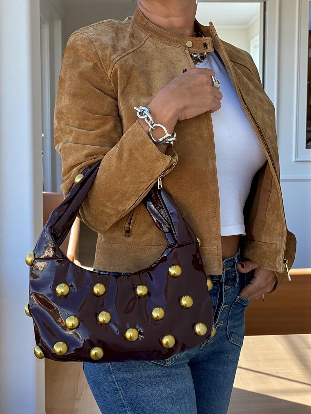 Glossy Burgundy soft Patent hobo with Antique Gold Studs