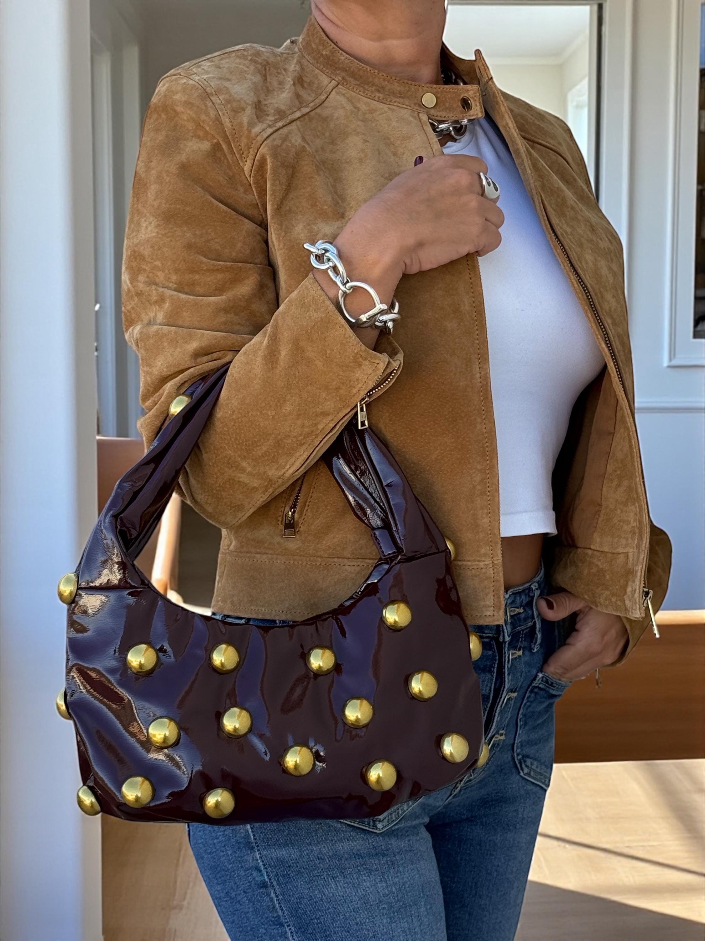 Glossy Burgundy soft Patent hobo with Antique Gold Studs