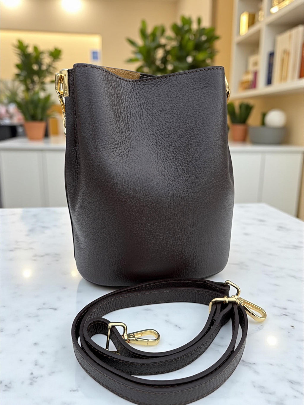 Genuine Leather chocolate dark brown Bucket Bag