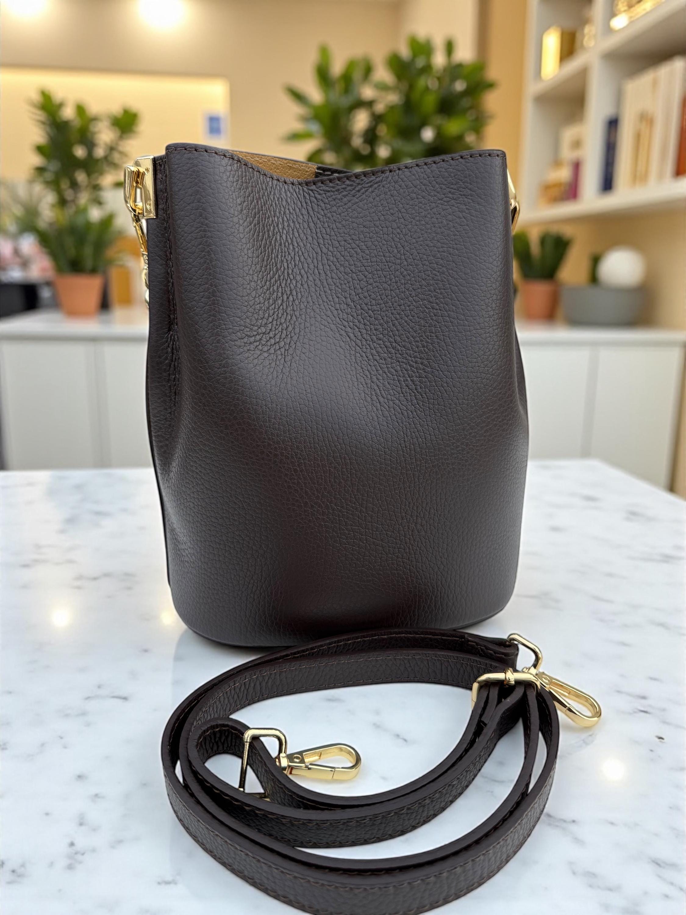 Genuine Leather chocolate dark brown Bucket Bag