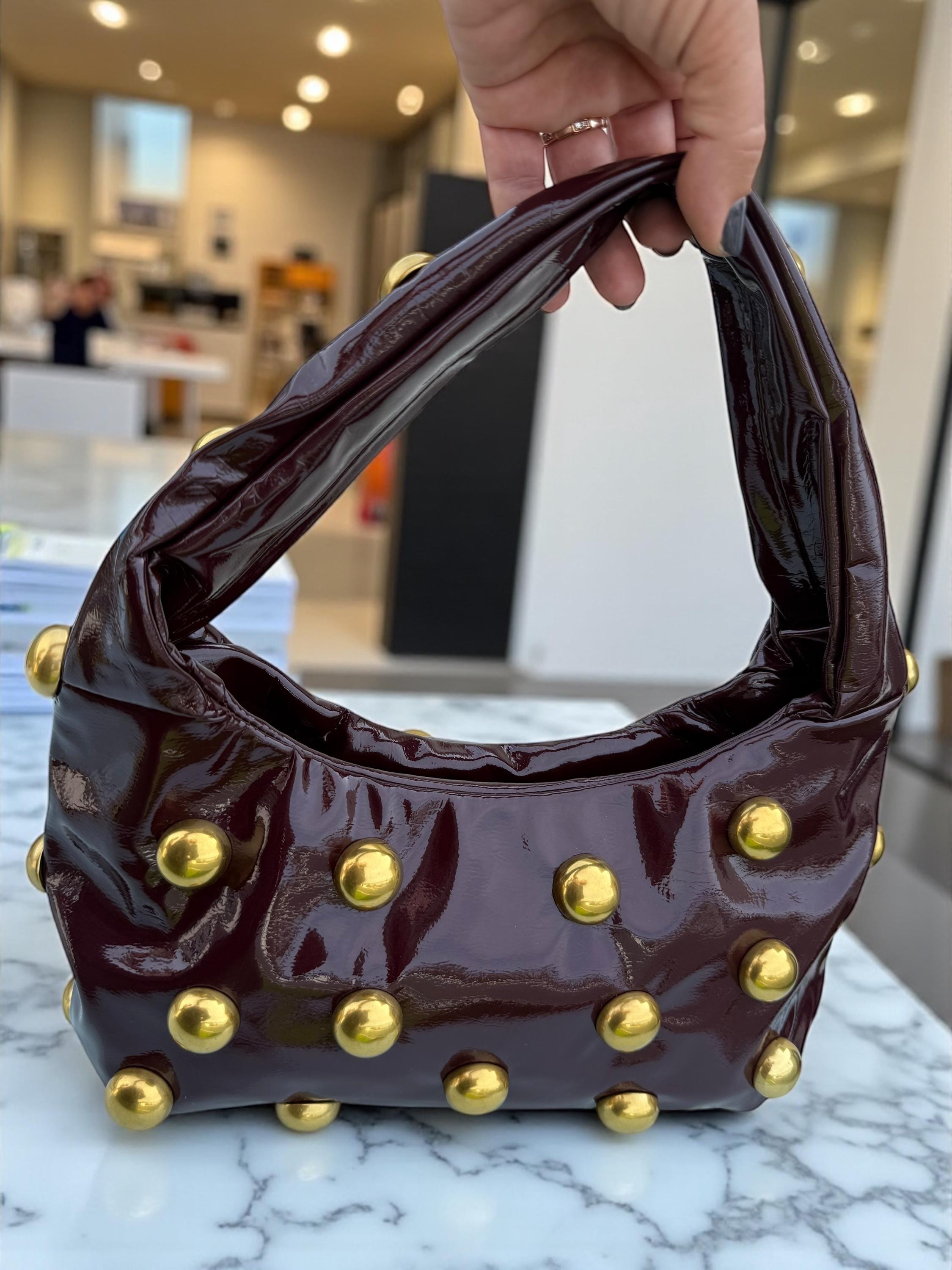 Glossy Burgundy soft Patent hobo with Antique Gold Studs