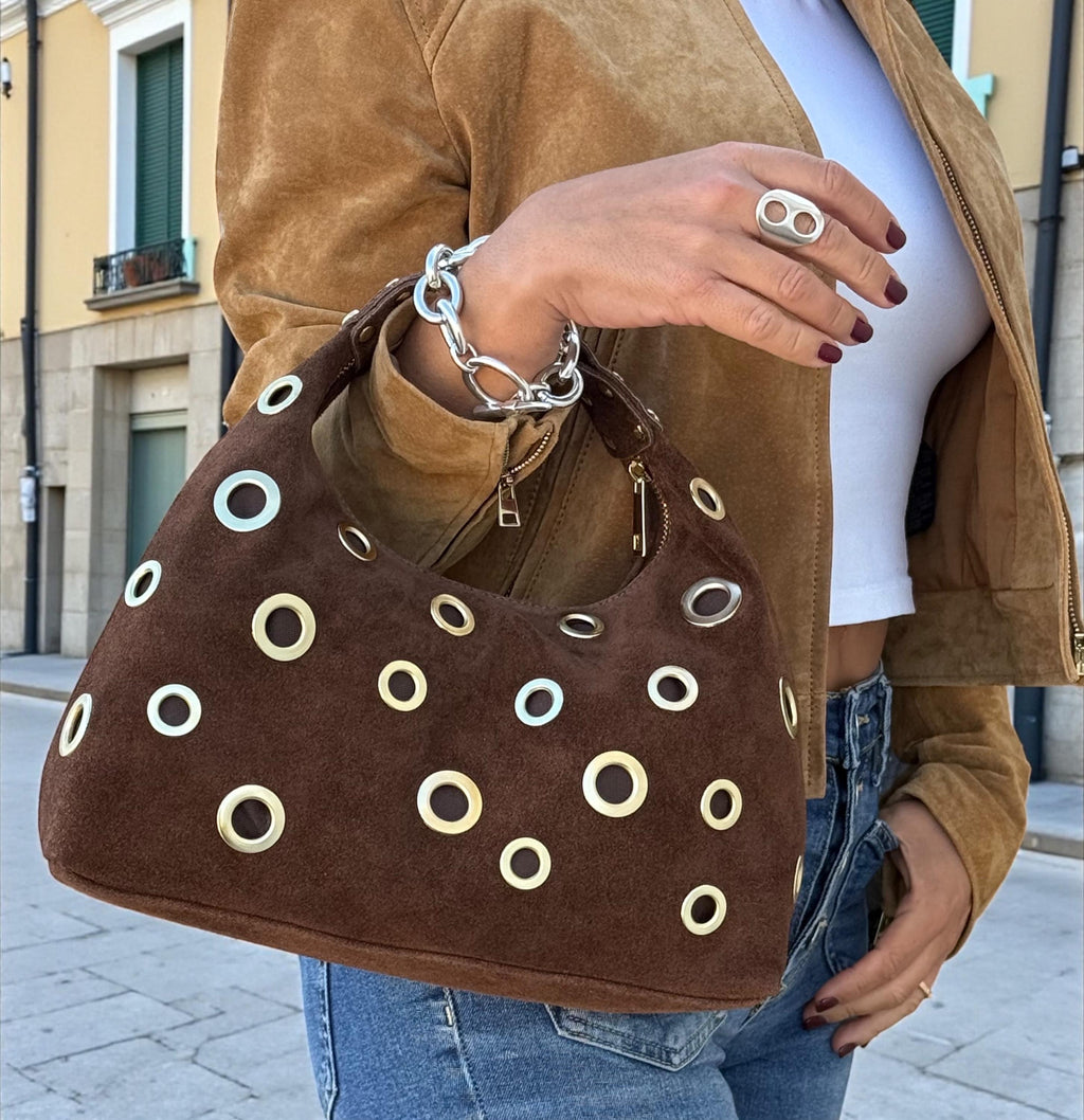 Suede brown Shoulder Bag with Gold Eyelets