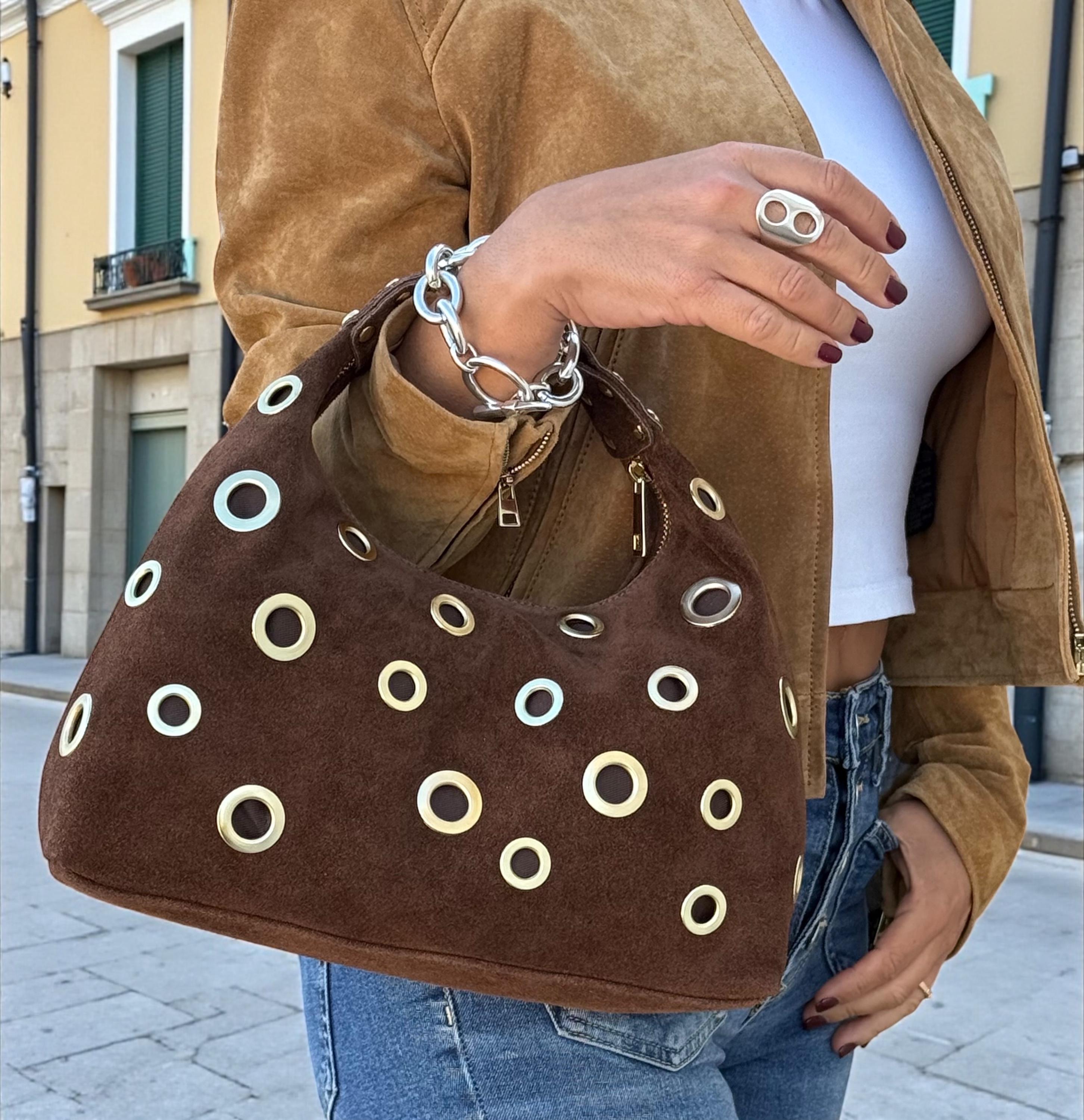 Suede brown Shoulder Bag with Gold Eyelets