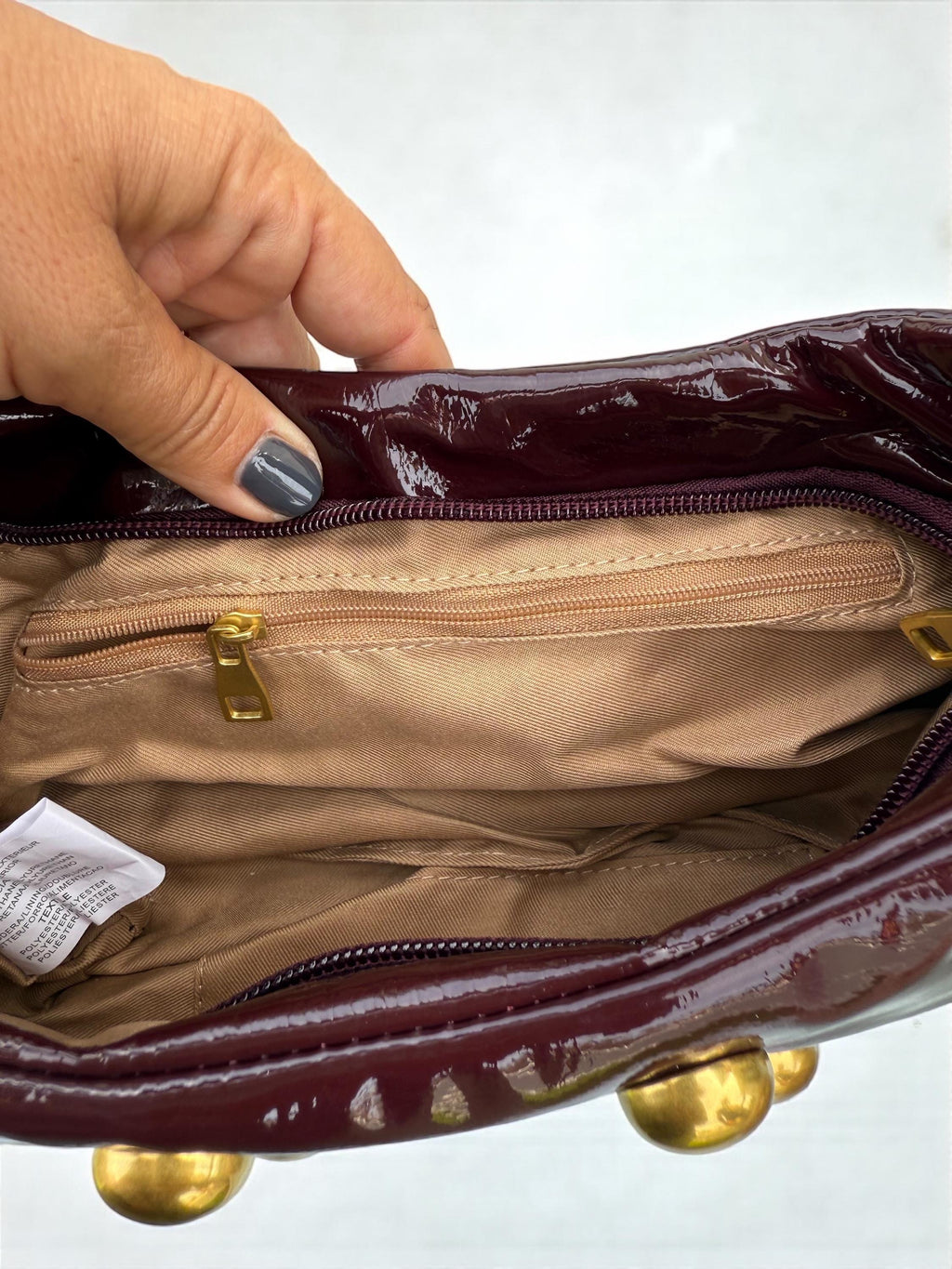 Glossy Burgundy soft Patent hobo with Antique Gold Studs