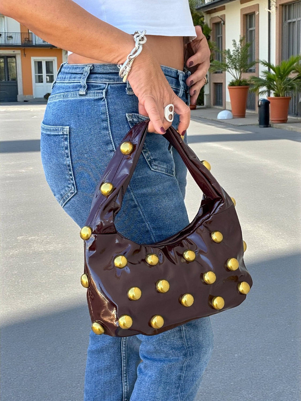 Glossy Burgundy soft Patent hobo with Antique Gold Studs
