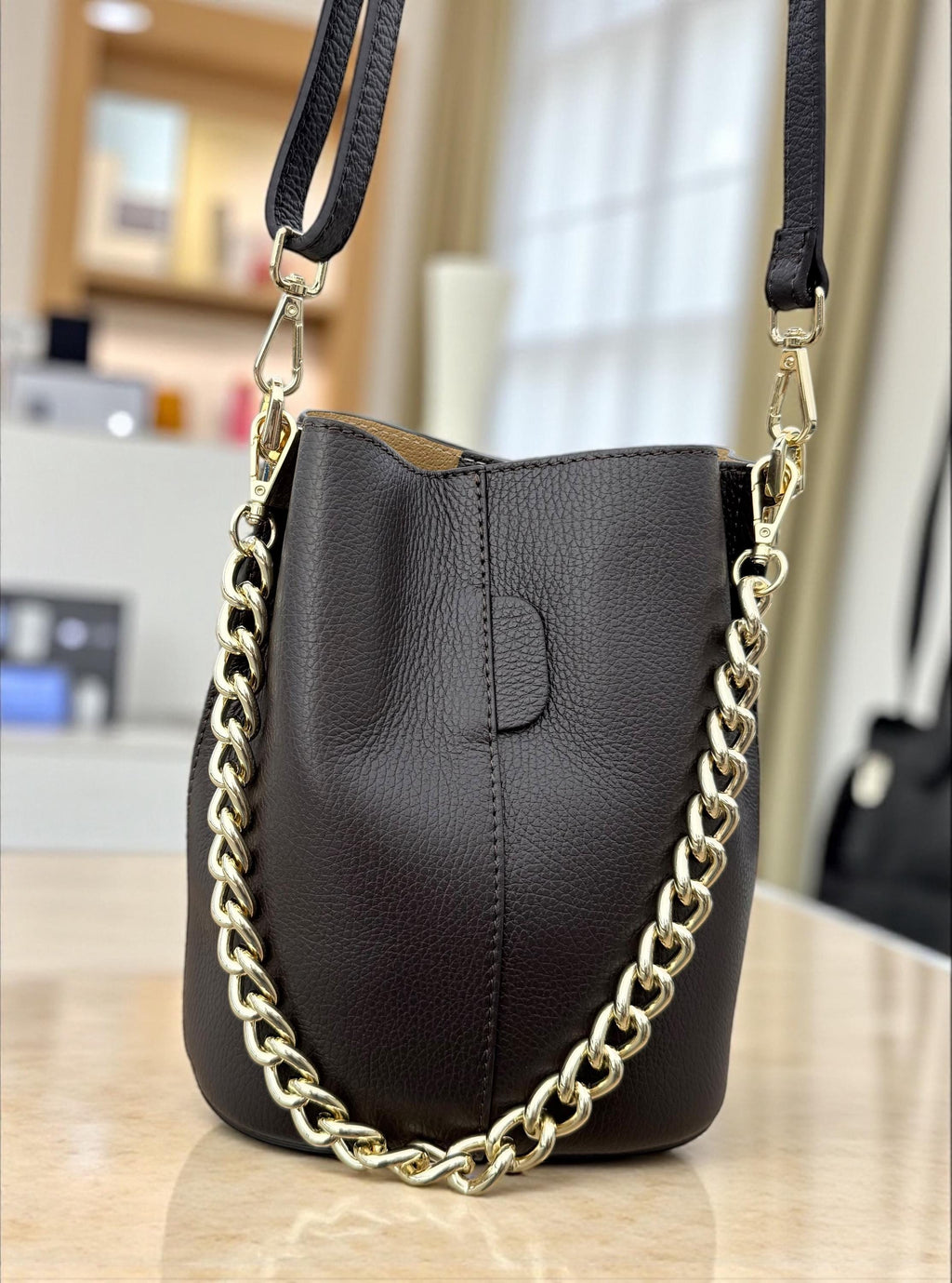 Genuine Leather chocolate dark brown Bucket Bag