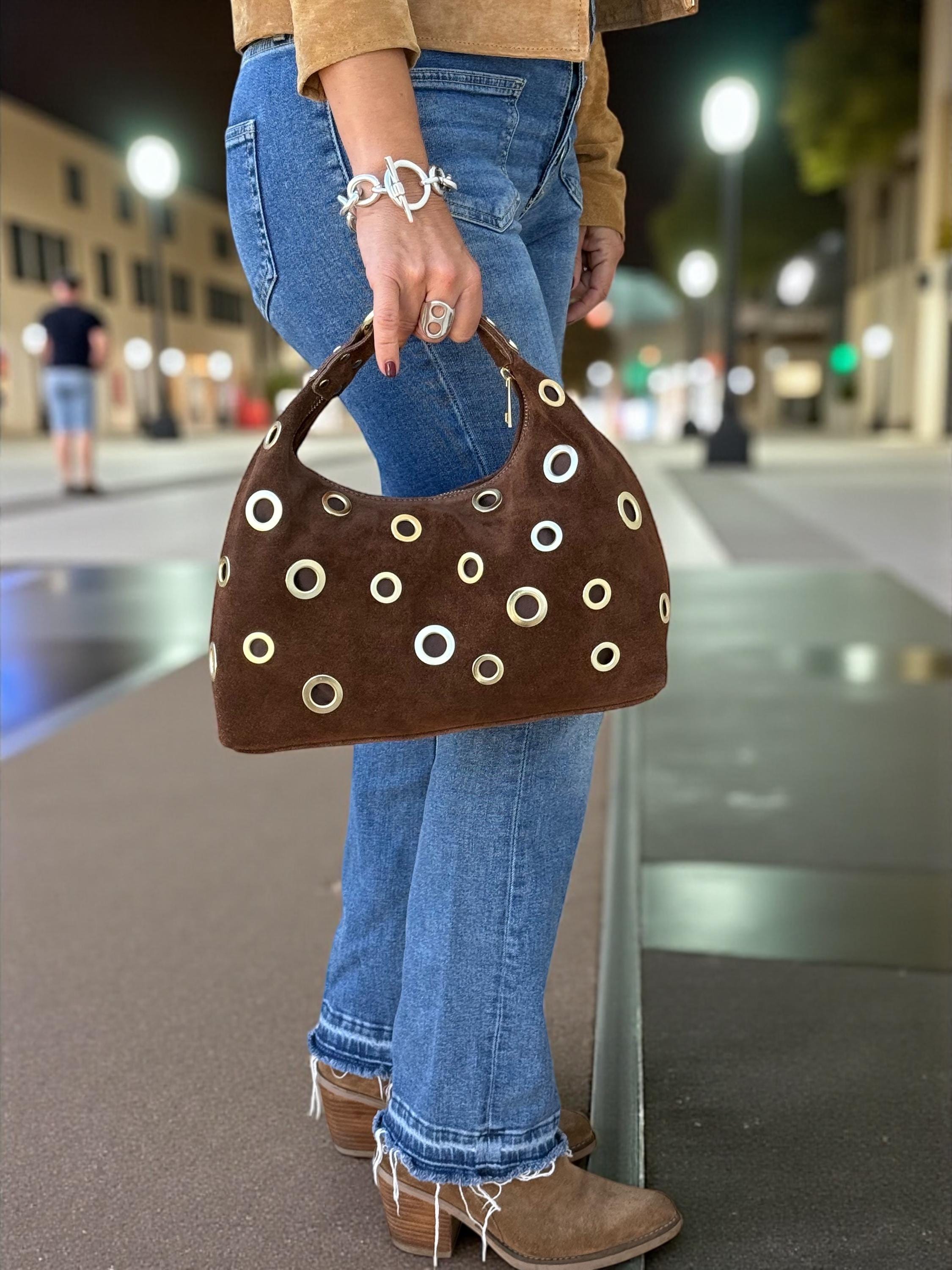 Suede brown Shoulder Bag with Gold Eyelets