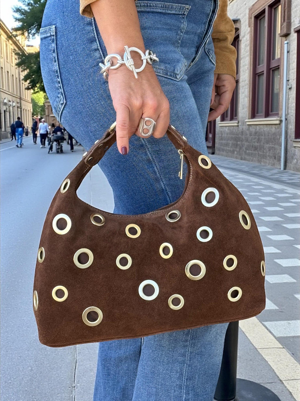 Suede brown Shoulder Bag with Gold Eyelets
