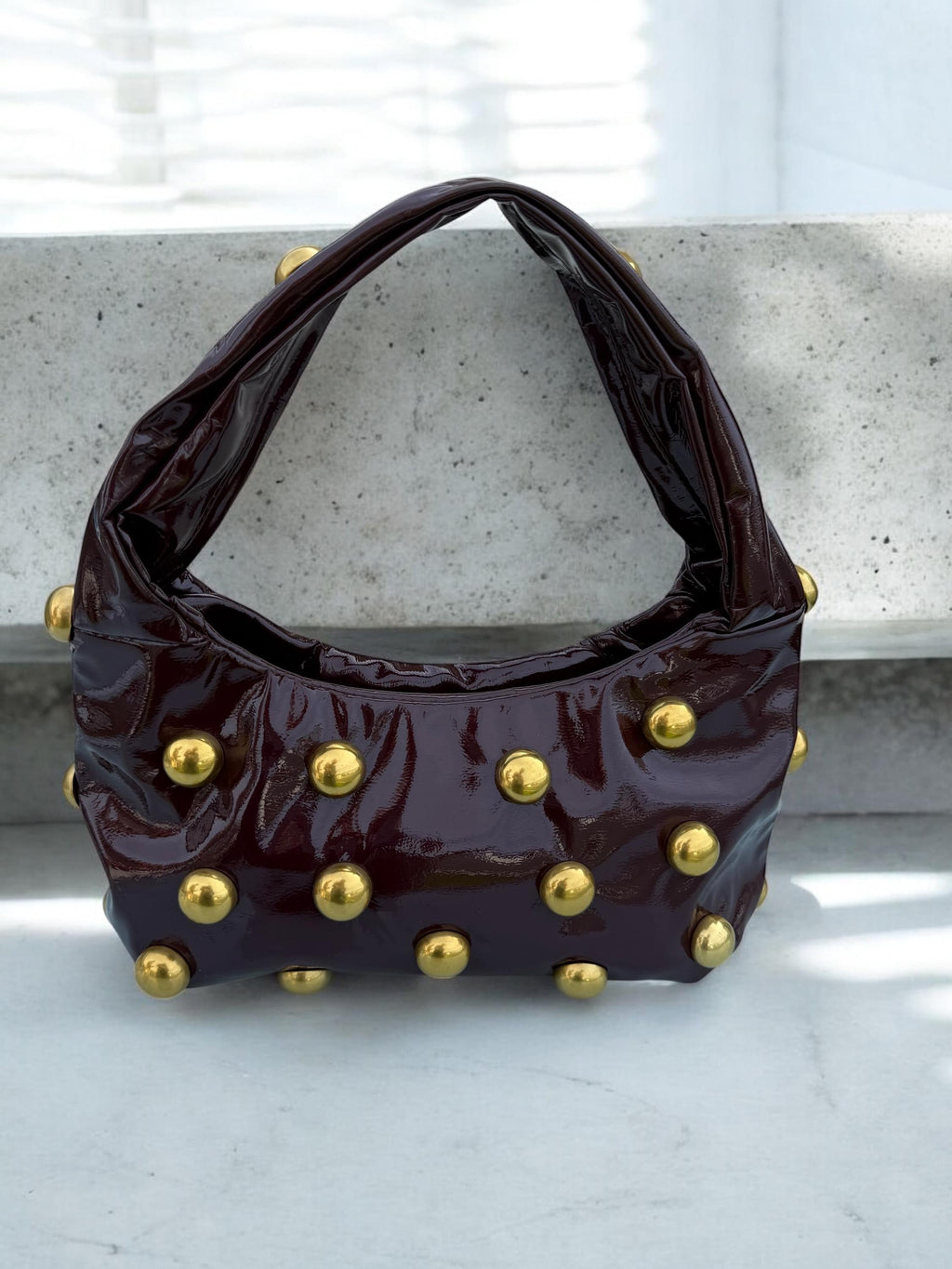 Glossy Burgundy soft Patent hobo with Antique Gold Studs
