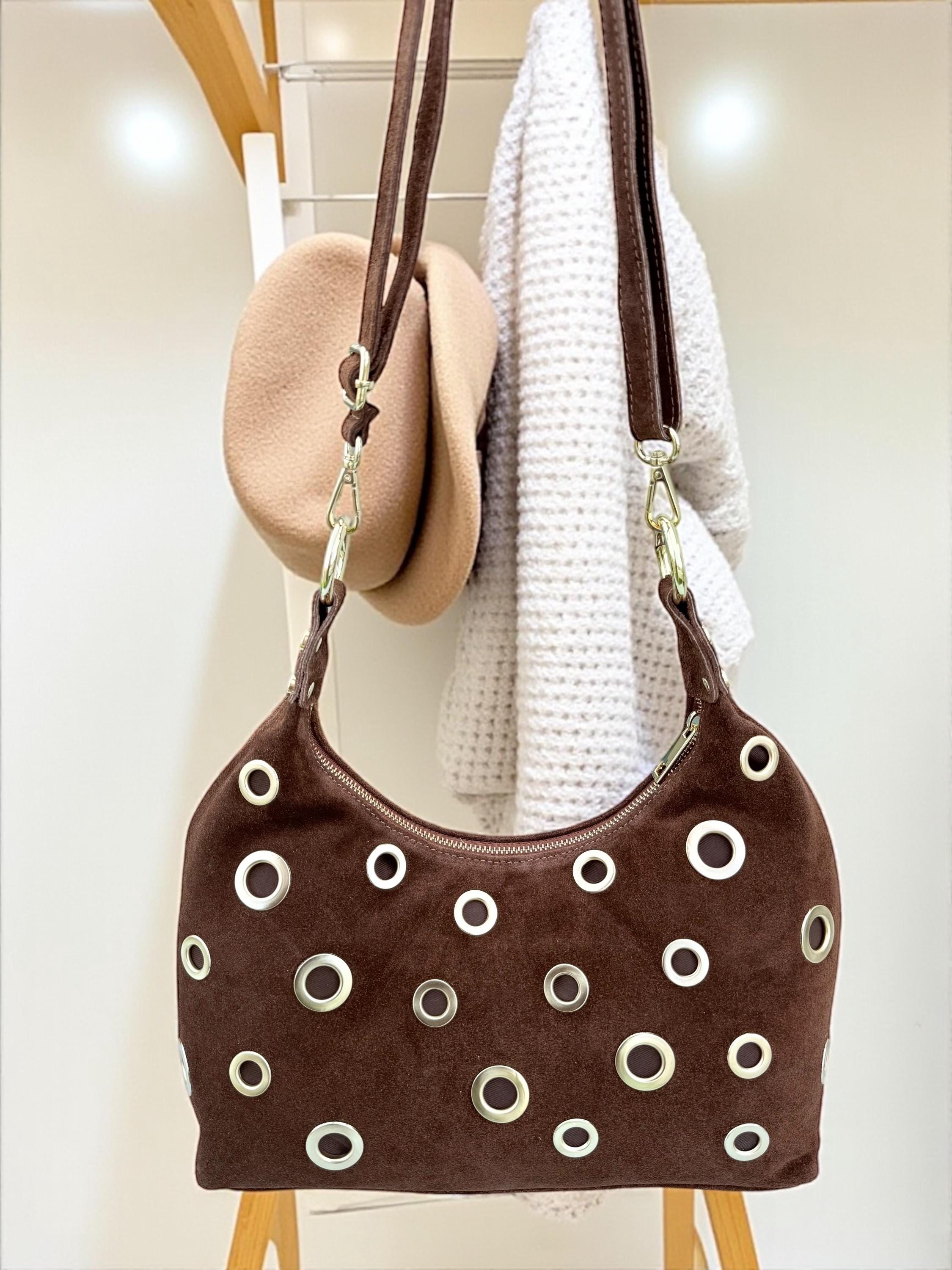 Suede brown Shoulder Bag with Gold Eyelets