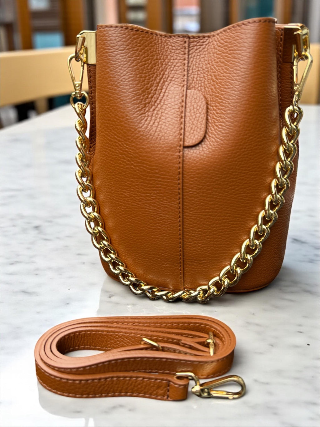 Genuine Leather chocolate dark brown Bucket Bag