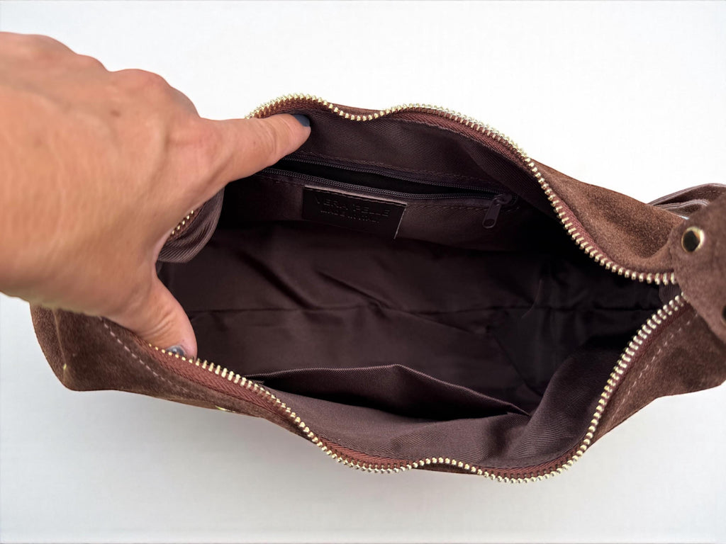 Suede brown Shoulder Bag with Gold Eyelets