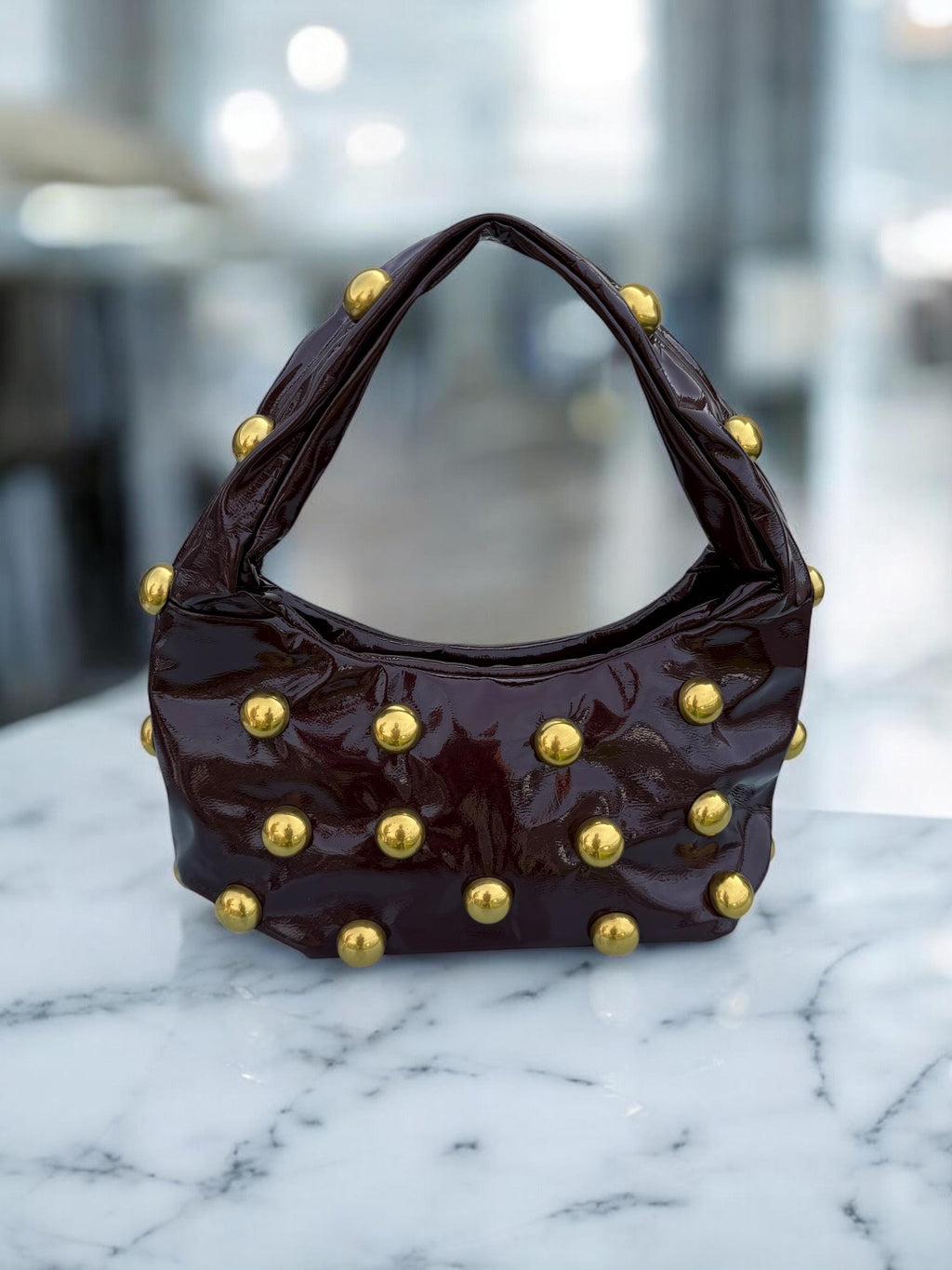 Glossy Burgundy soft Patent hobo with Antique Gold Studs