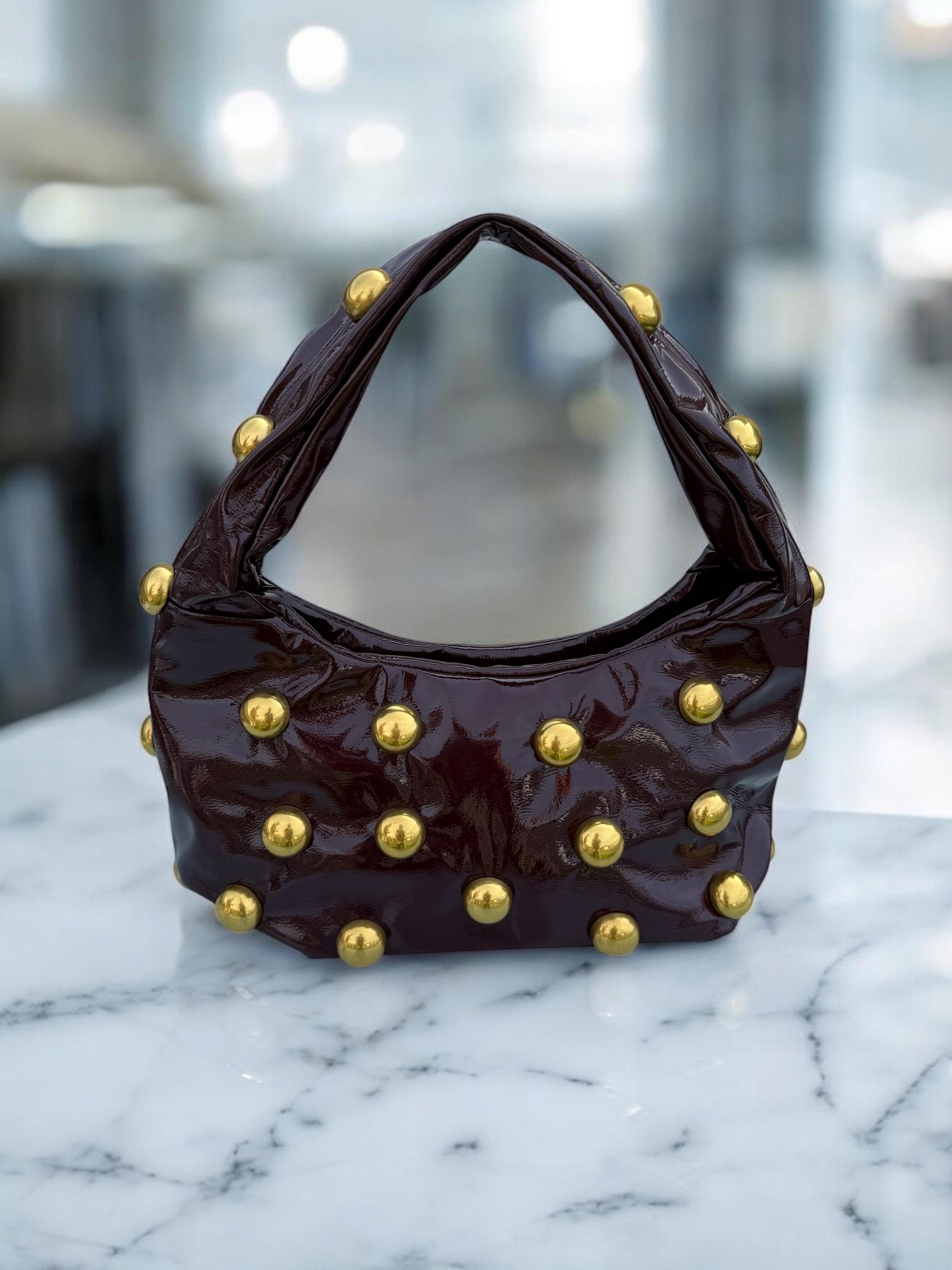 Glossy Burgundy soft Patent hobo with Antique Gold Studs