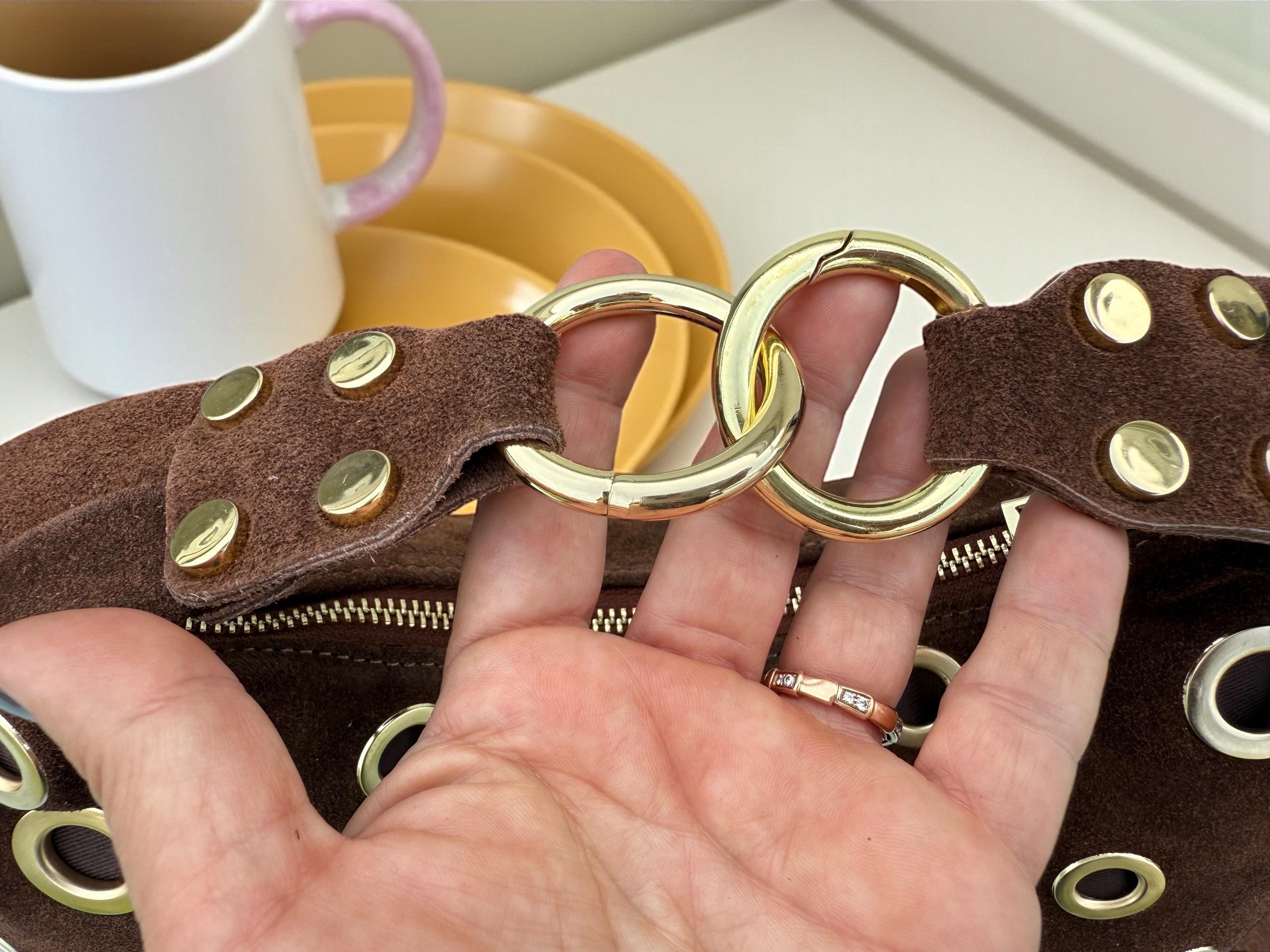 Suede brown Shoulder Bag with Gold Eyelets