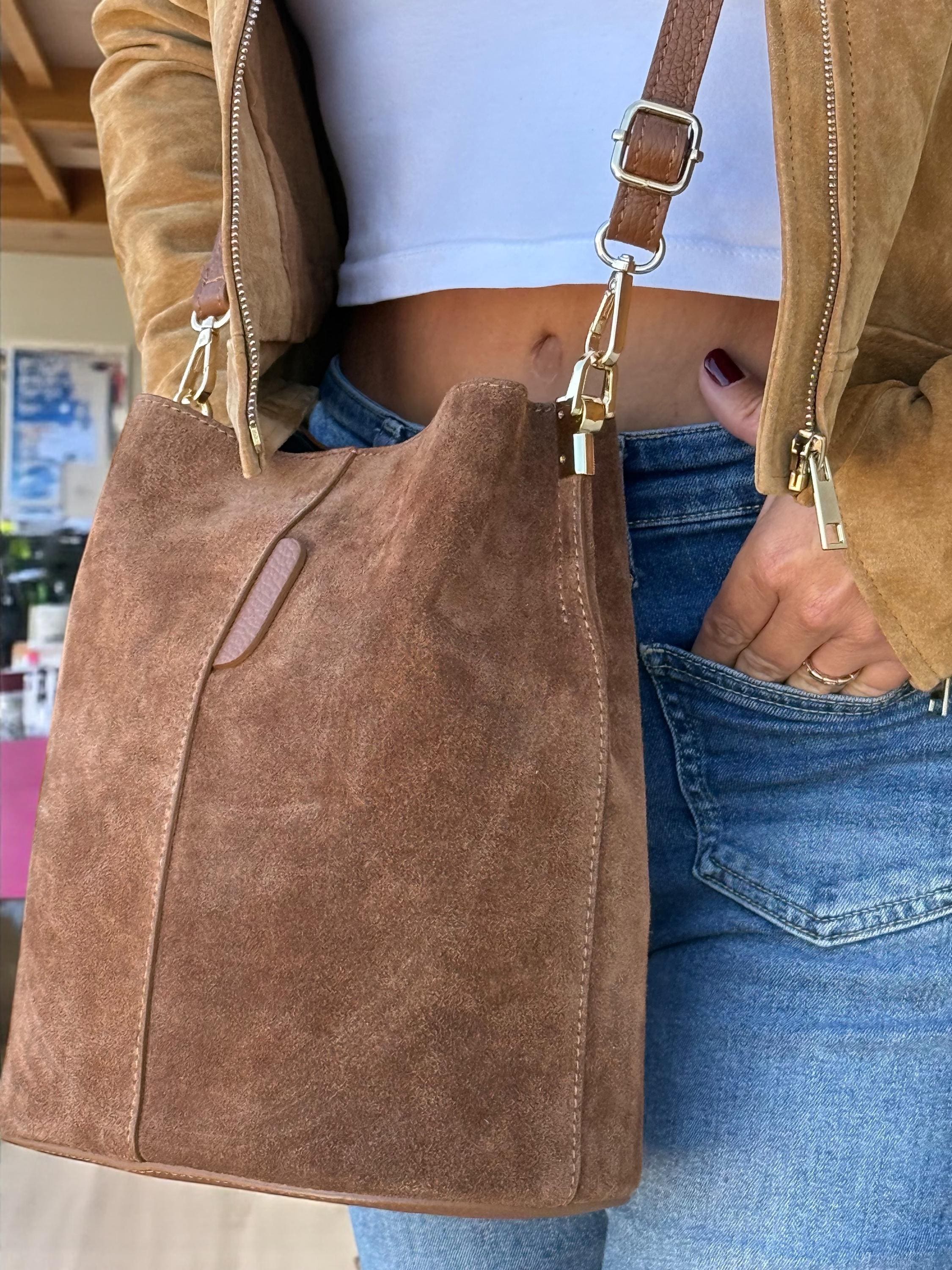 Genuine Suede Camel Brown medium size Bucket Bag