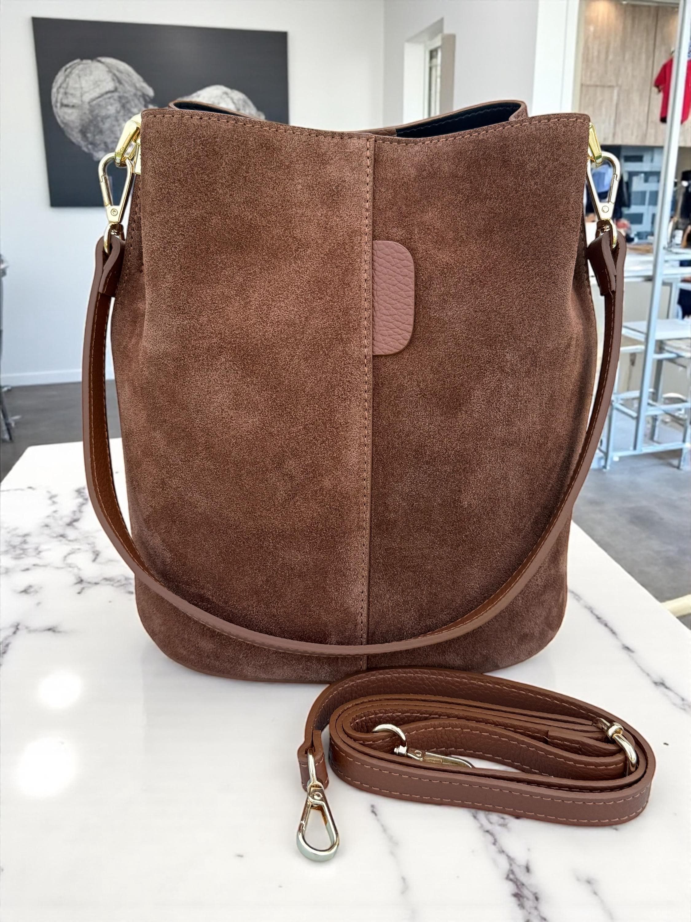 Genuine Suede Camel Brown medium size Bucket Bag