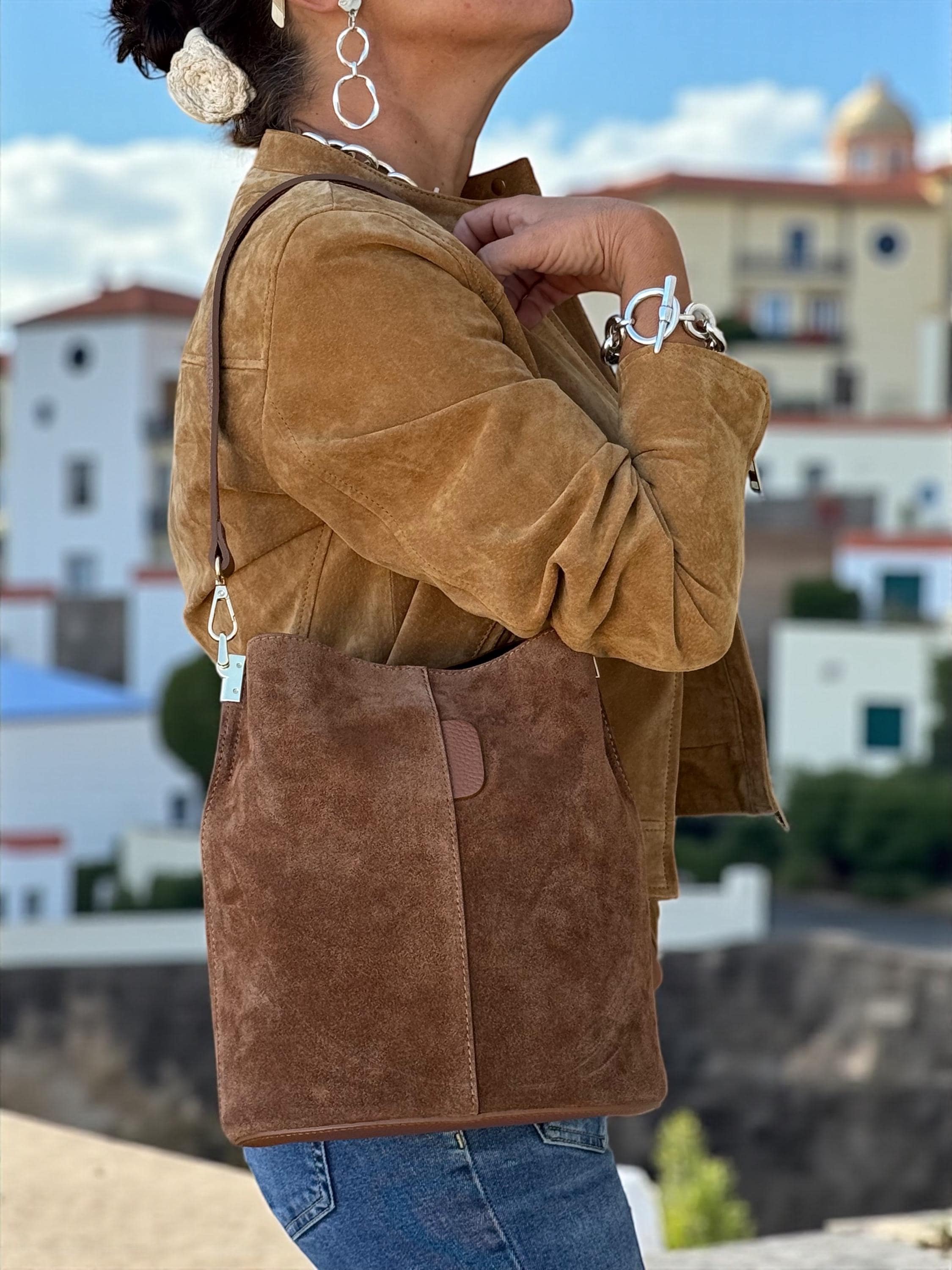 Genuine Suede Camel Brown medium size Bucket Bag