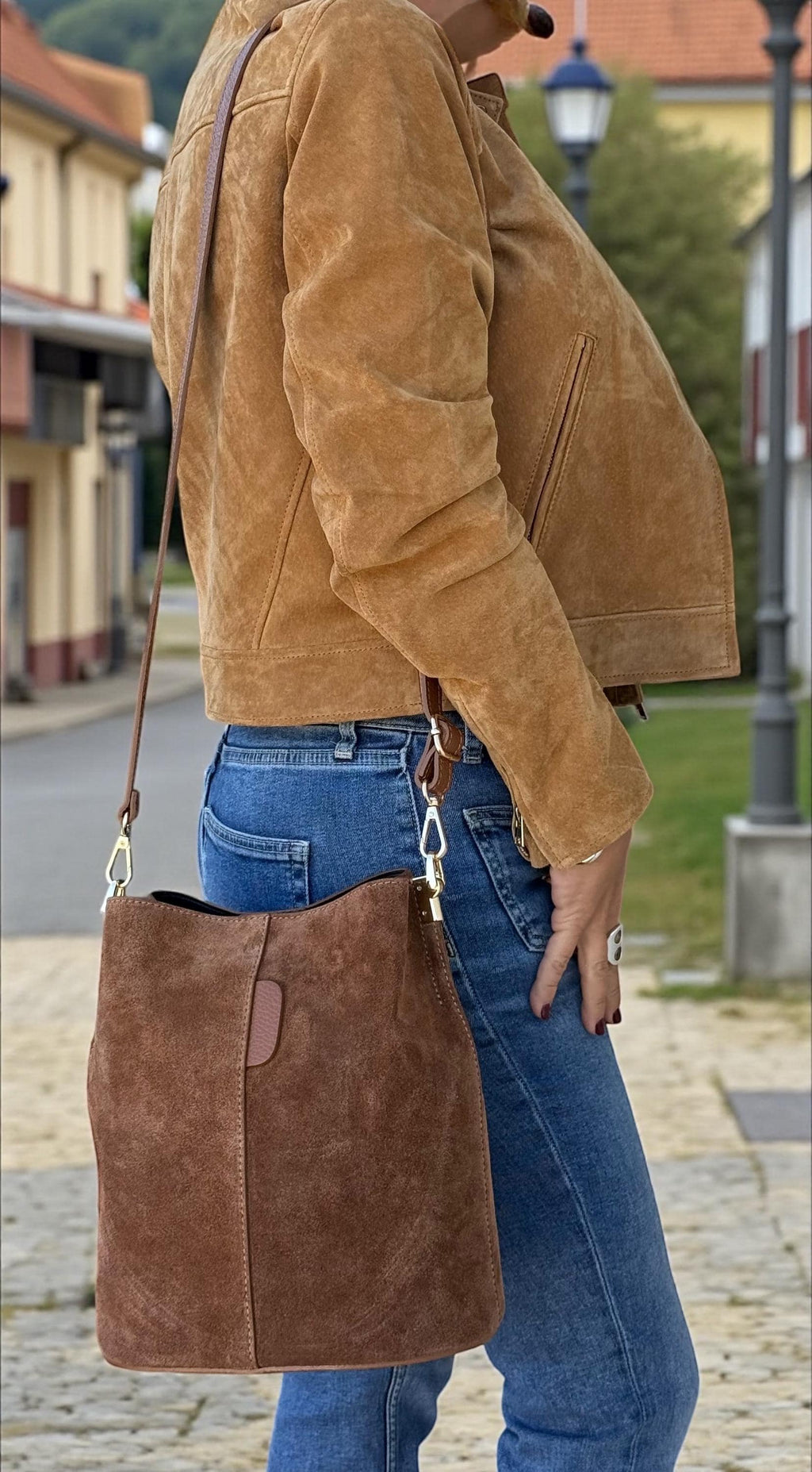 Genuine Suede Camel Brown medium size Bucket Bag