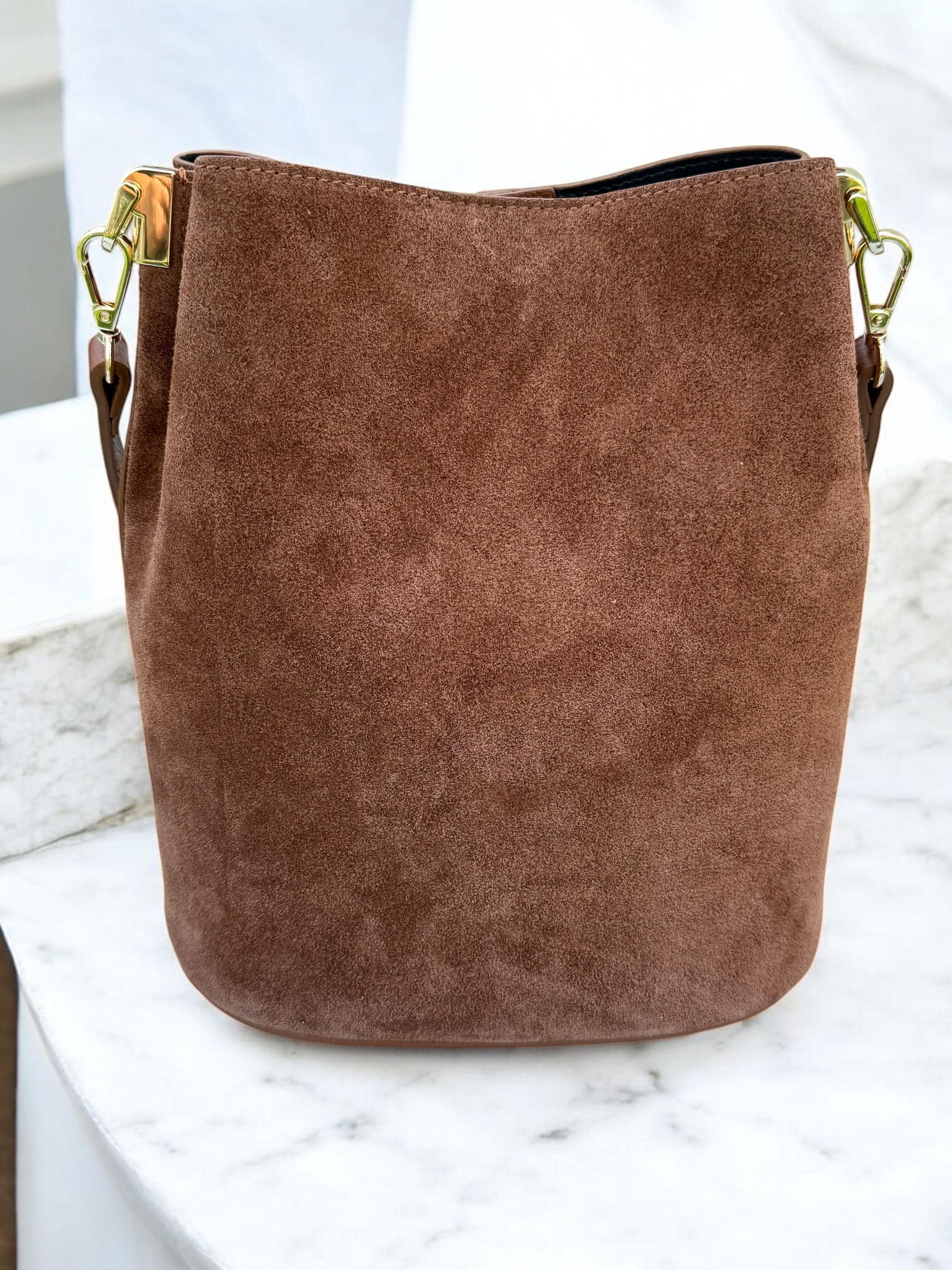 Genuine Suede Camel Brown medium size Bucket Bag