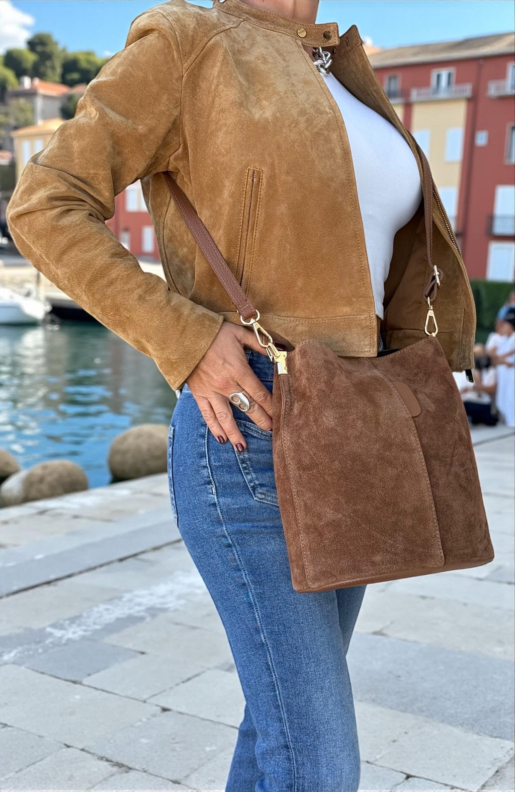 Genuine Suede Camel Brown medium size Bucket Bag