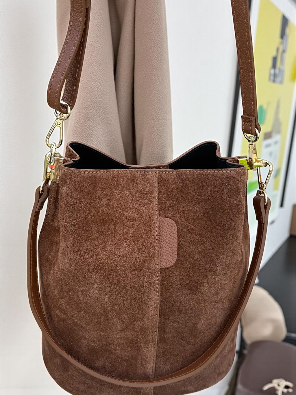 Genuine Suede Camel Brown medium size Bucket Bag
